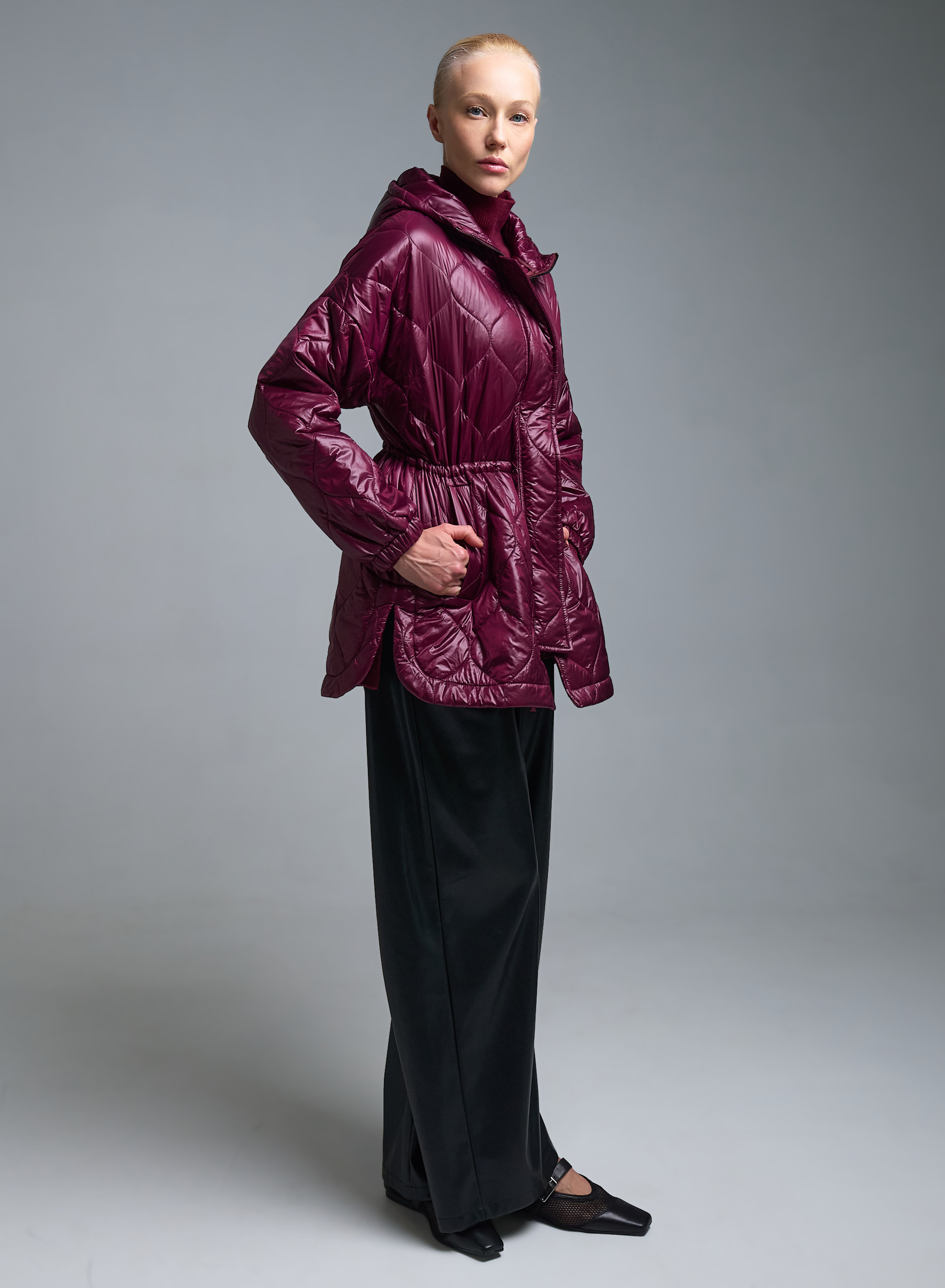 Μπορντώ Μπουφάν με κουκούλα και με κορδόνι στη μέση Milla - 5