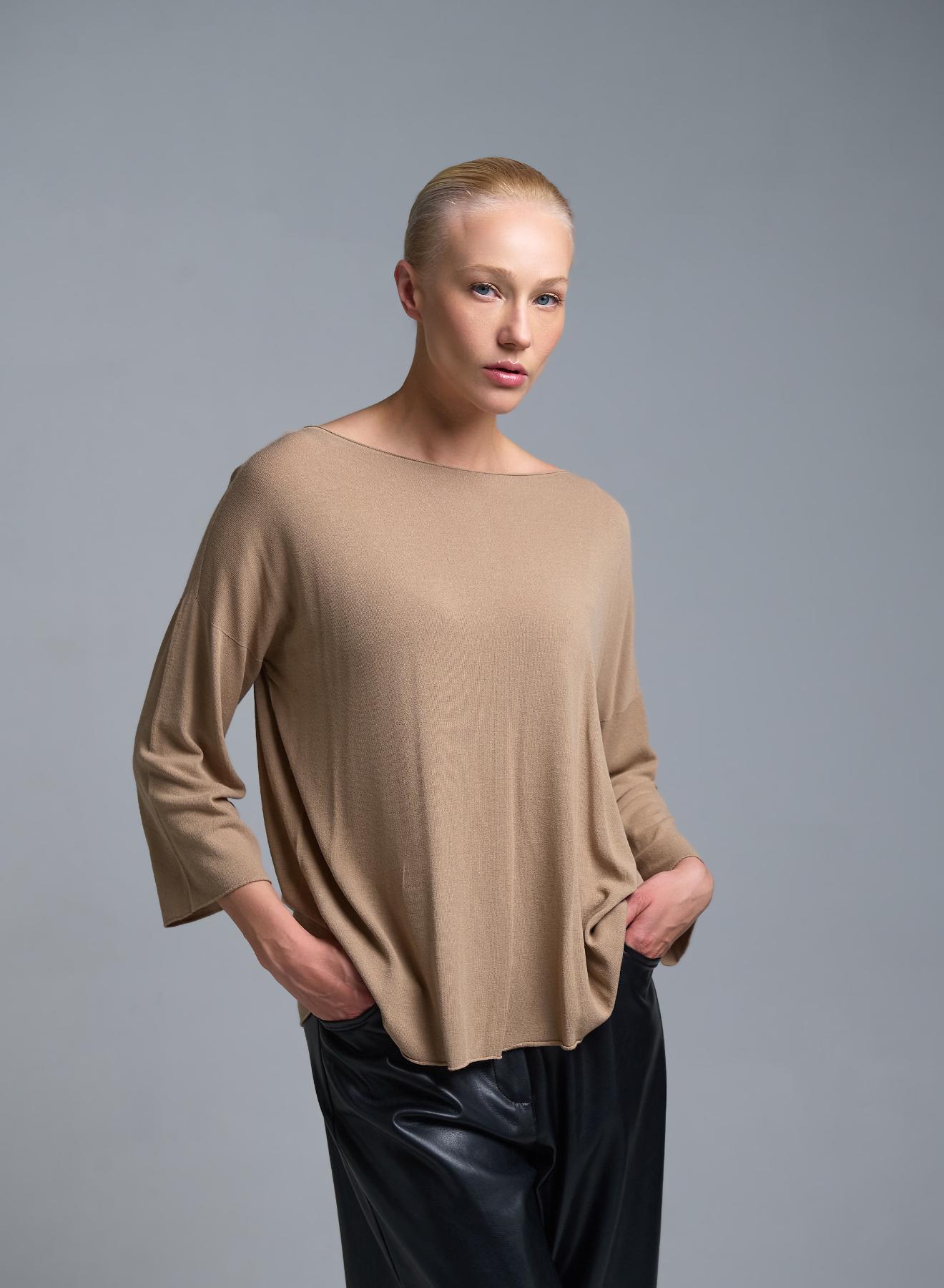 Μπεζ πλεκτή Μπλούζα με τρία τέταρτα μανίκια Kontatto - 4