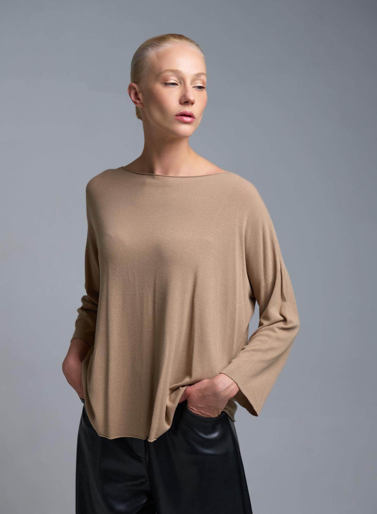 Μπεζ πλεκτή Μπλούζα με τρία τέταρτα μανίκια Kontatto - 1