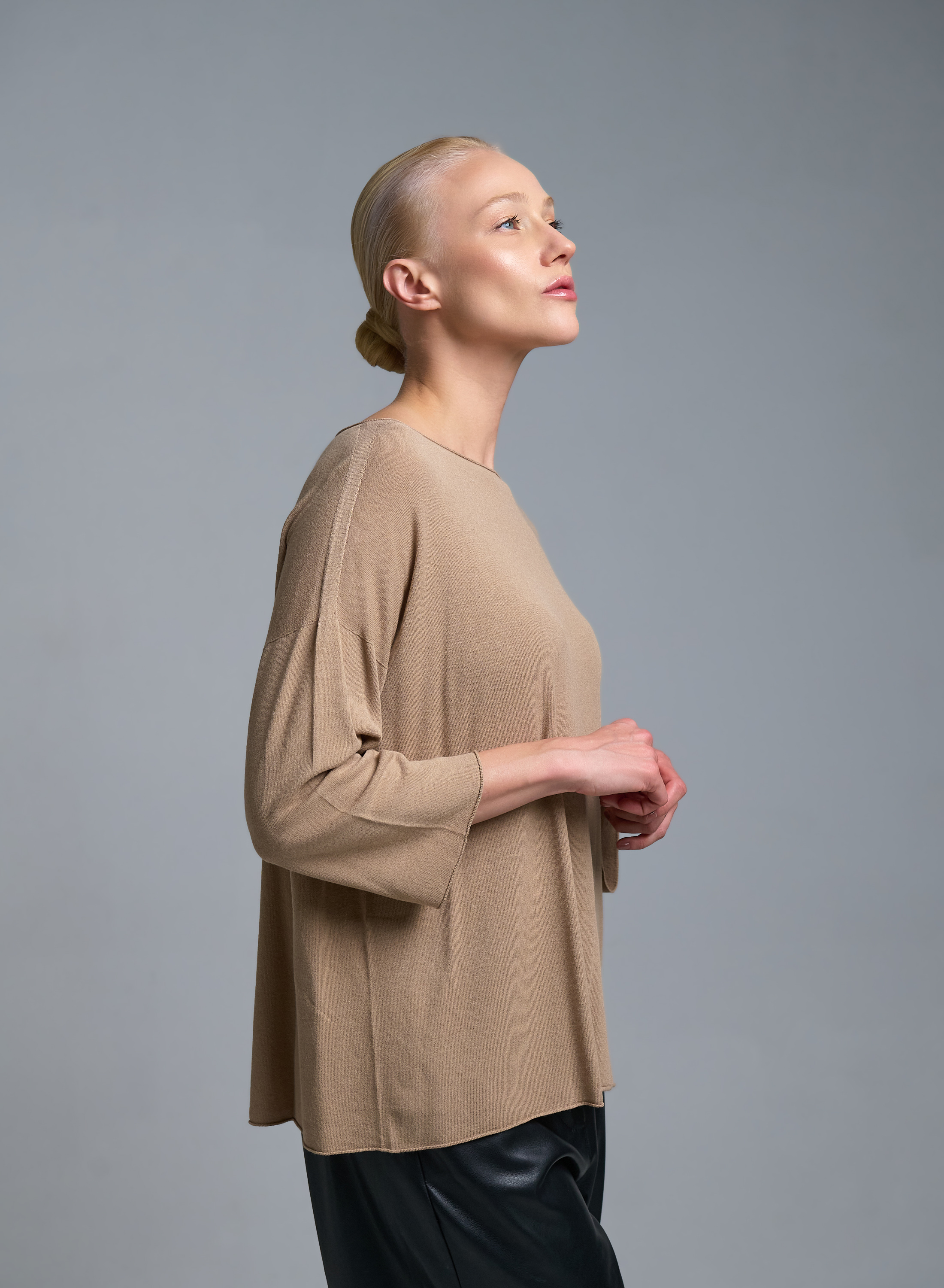 Μπεζ πλεκτή Μπλούζα με τρία τέταρτα μανίκια Kontatto - 1