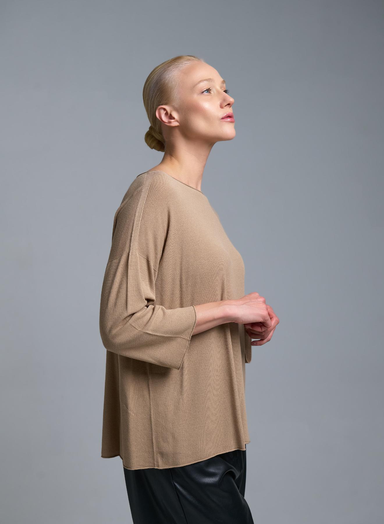 Μπεζ πλεκτή Μπλούζα με τρία τέταρτα μανίκια Kontatto - 2