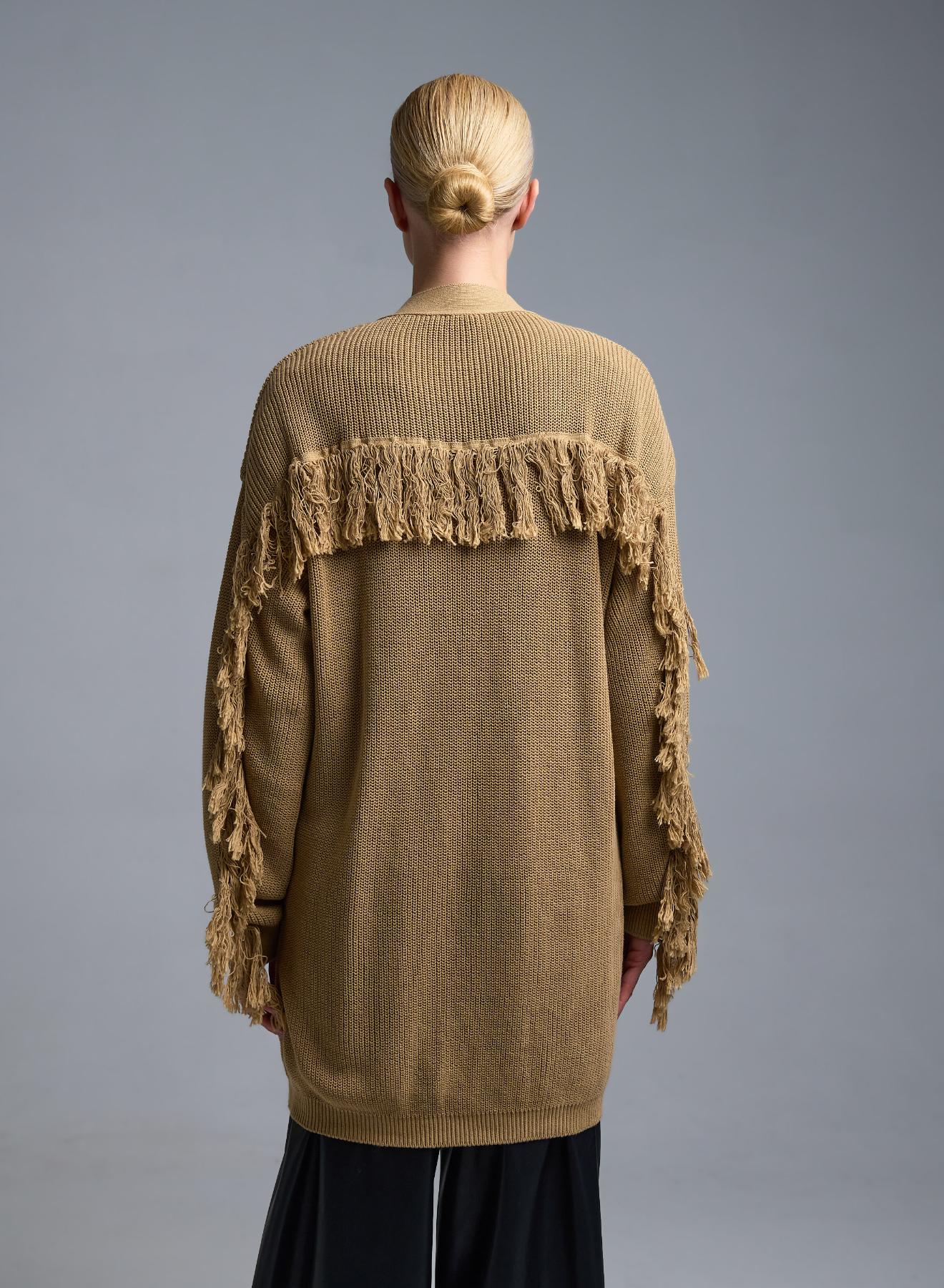 Κάμελ πλεκτή Ζακέτα με κρόσια και με εξωτερικές τσέπες μπροστά Kontatto - 5