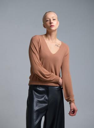 Κάμελ πλεκτή Μπλούζα με V λαιμόκοψη Kontatto - 52761