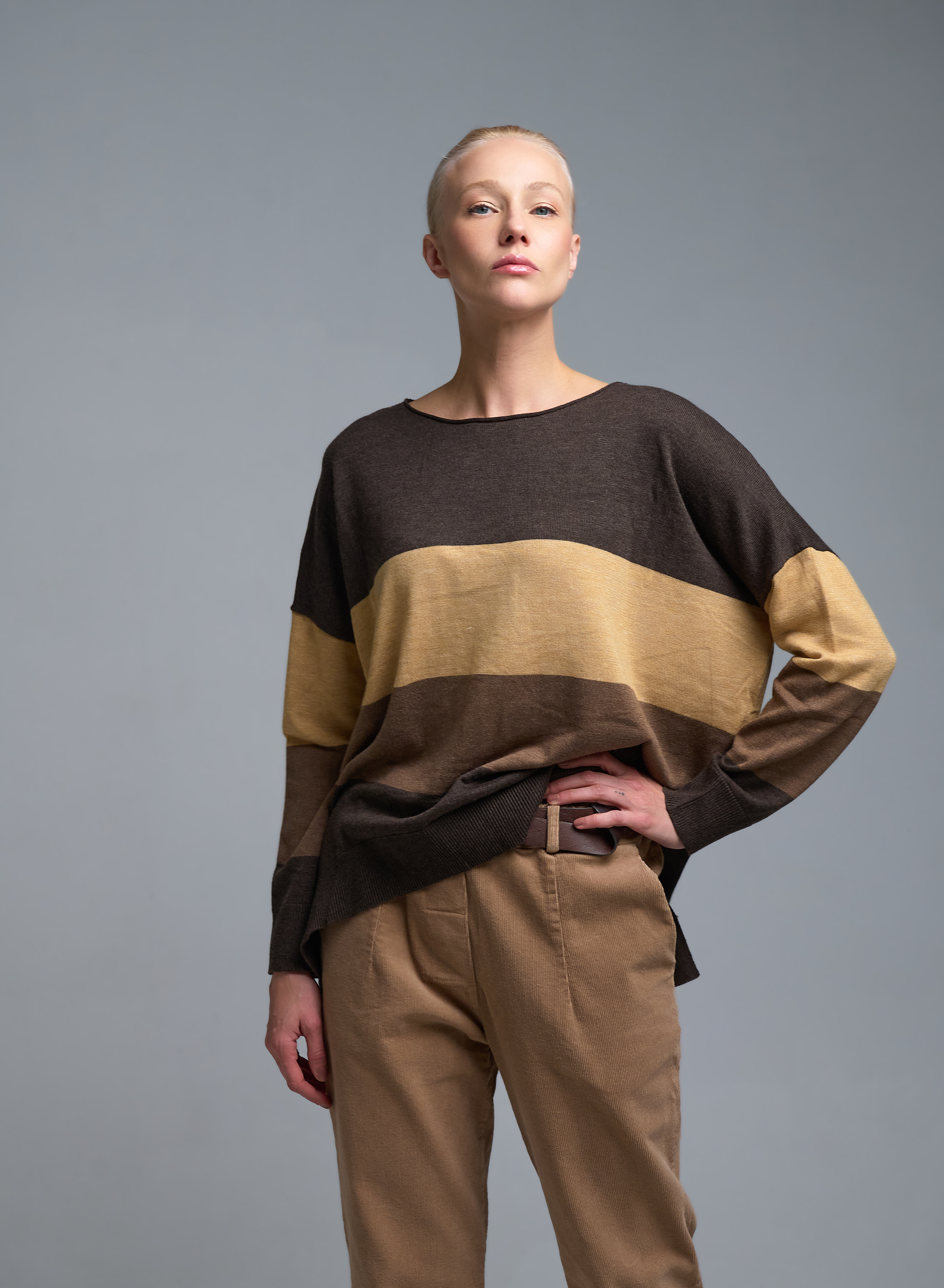 Σοκολά-Κάμελ-Κακάο Πουλόβερ με φαρδιές ρίγες σε χαλαρή γραμμή See - 0