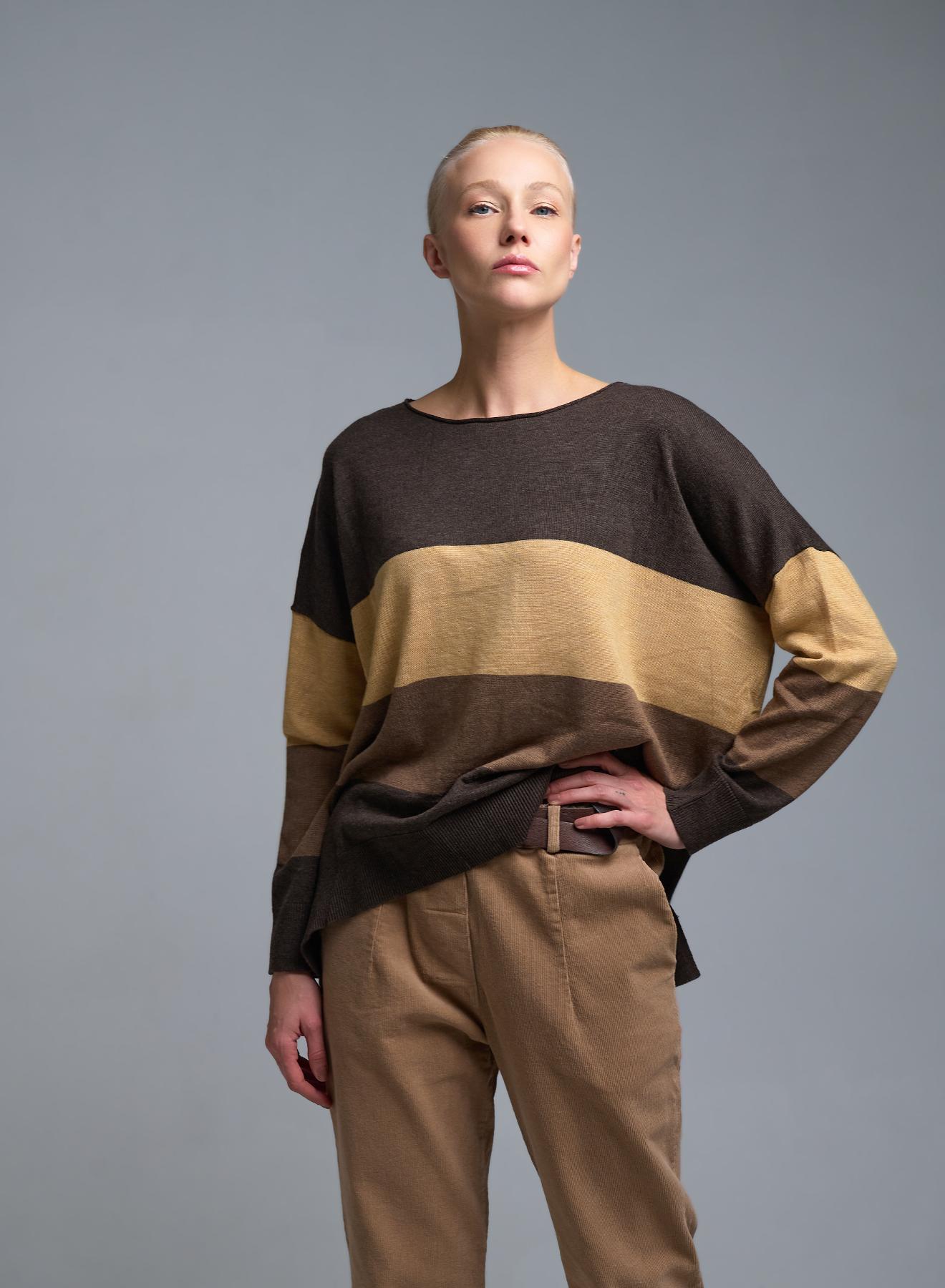 Σοκολά-Κάμελ-Κακάο Πουλόβερ με φαρδιές ρίγες σε χαλαρή γραμμή See - 1