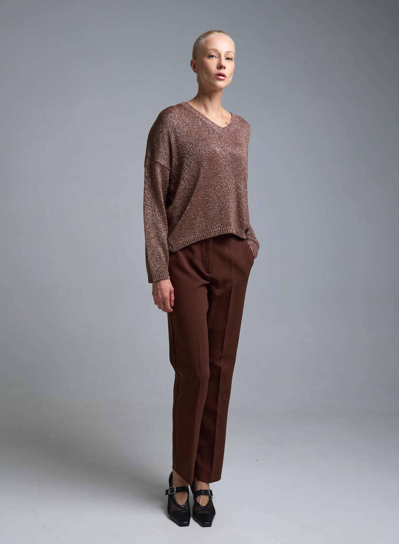 Σοκολά πλεκτή λούρεξ Μπλούζα με V λαιμόκοψη Kontatto - 3