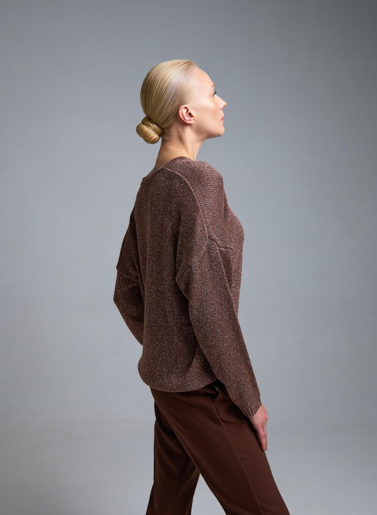 Σοκολά πλεκτή λούρεξ Μπλούζα με V λαιμόκοψη Kontatto - 4