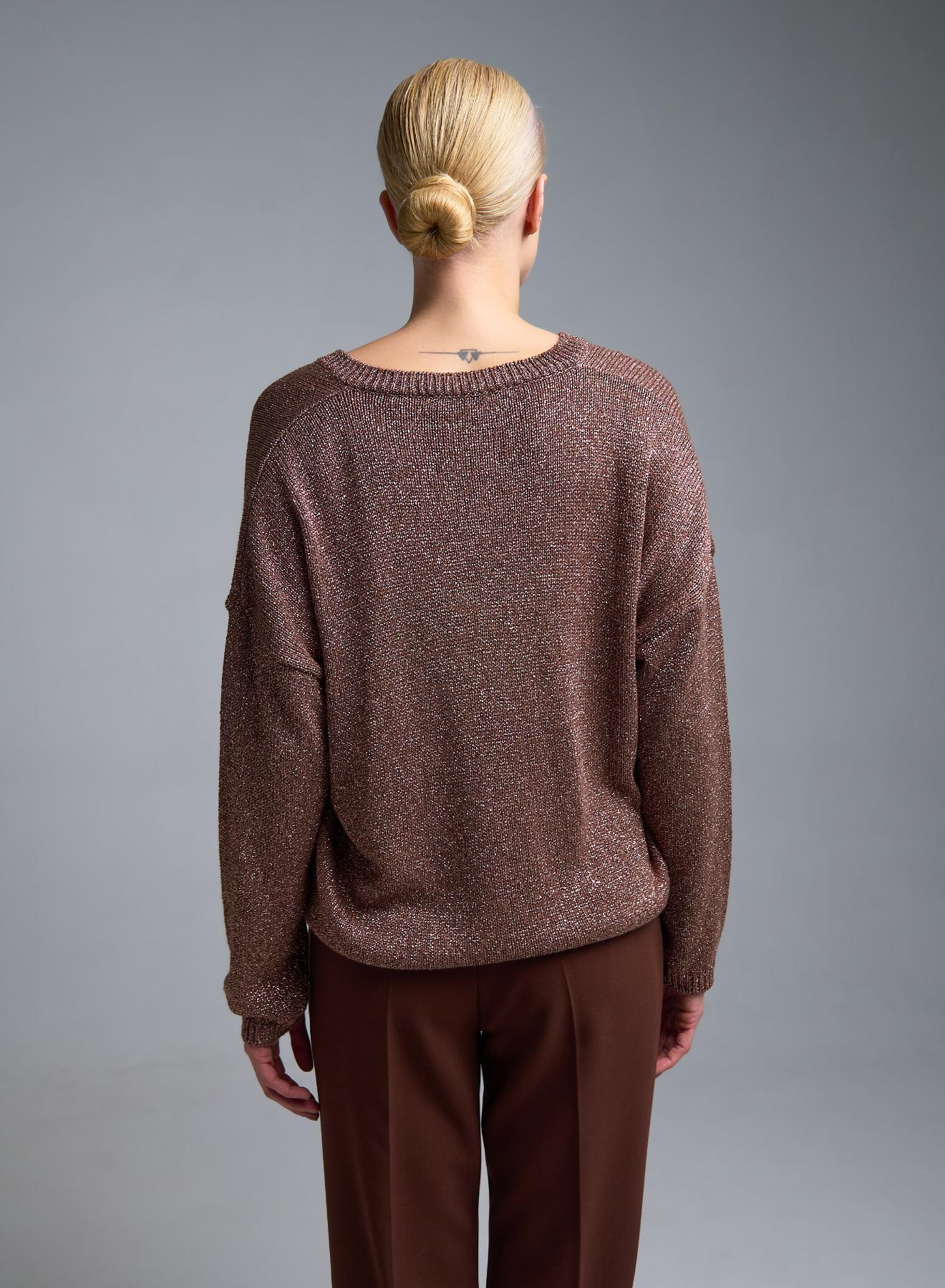 Σοκολά πλεκτή λούρεξ Μπλούζα με V λαιμόκοψη Kontatto - 5