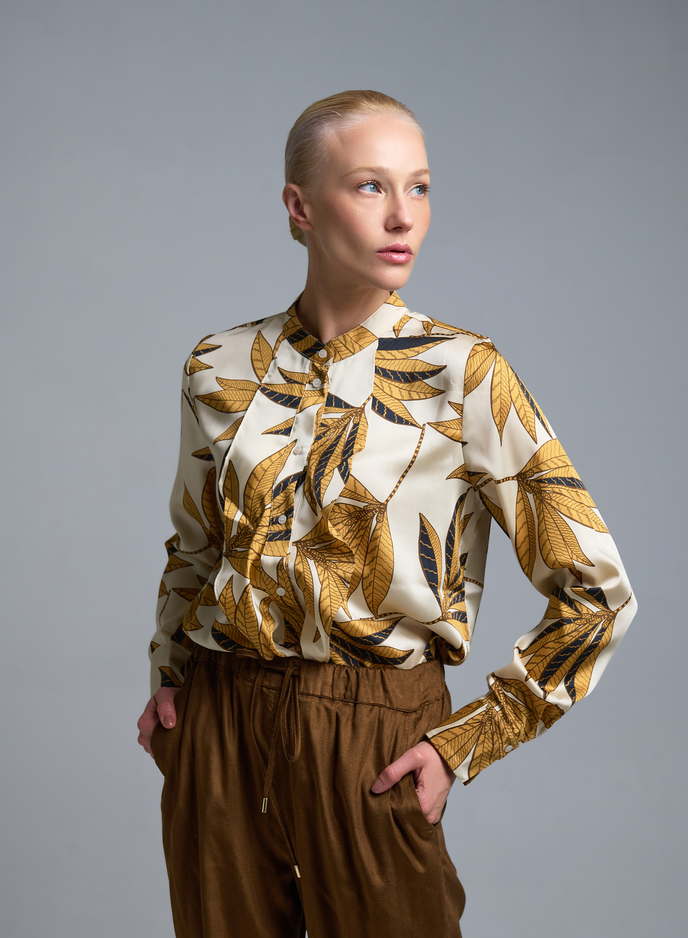 Cream floral twill Shirt with ruffles and with Mao collar Emme Marella - 0