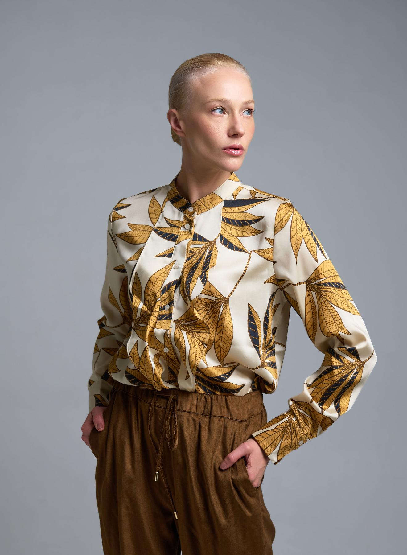 Cream floral twill Shirt with ruffles and with Mao collar Emme Marella - 1