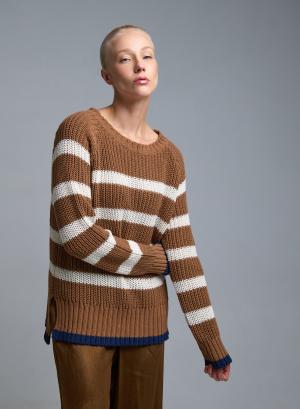 Ταμπά-Εκρού Πουλόβερ με στρογγυλή λαιμόκοψη και με φαρδιές ρίγες Kontatto - 52857