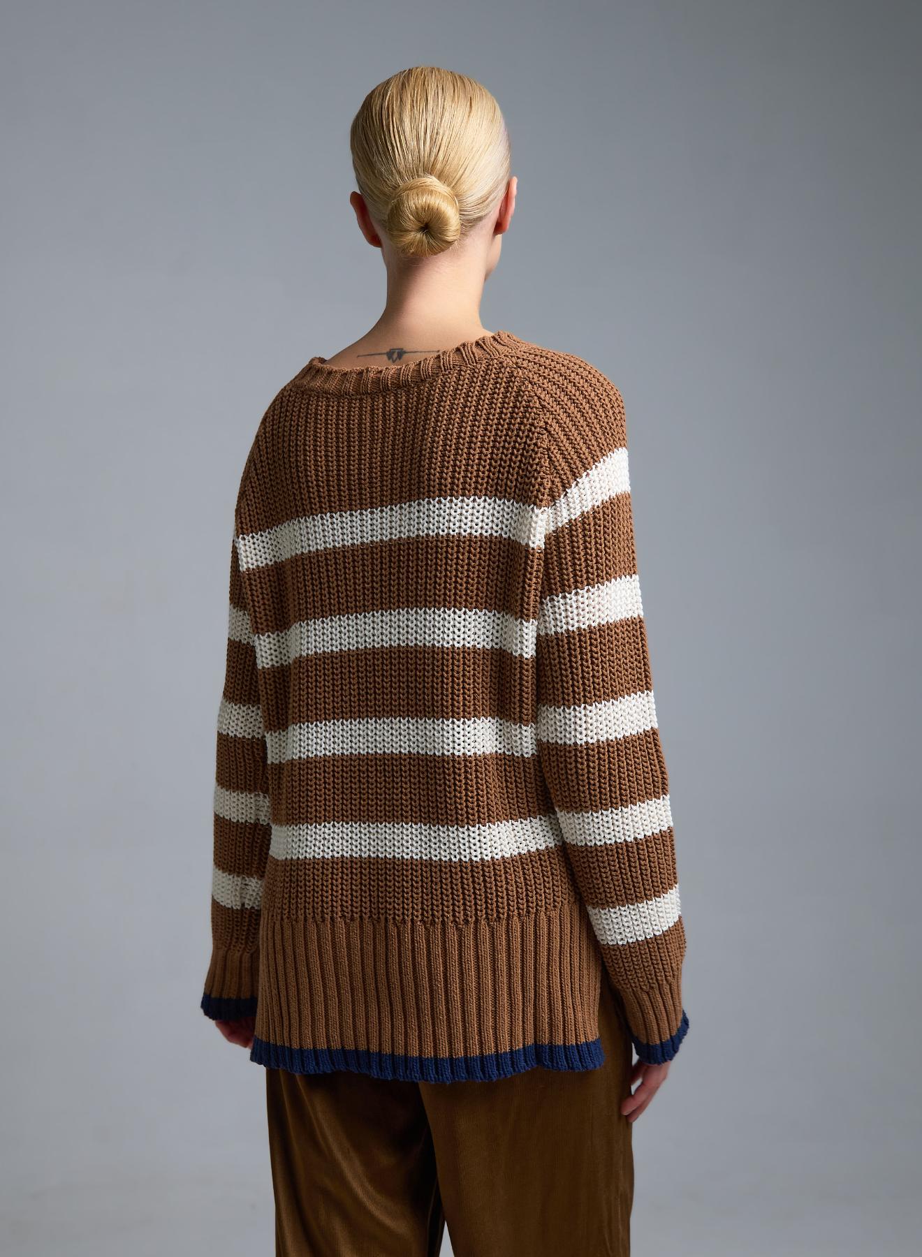 Ταμπά-Εκρού Πουλόβερ με στρογγυλή λαιμόκοψη και με φαρδιές ρίγες Kontatto - 5