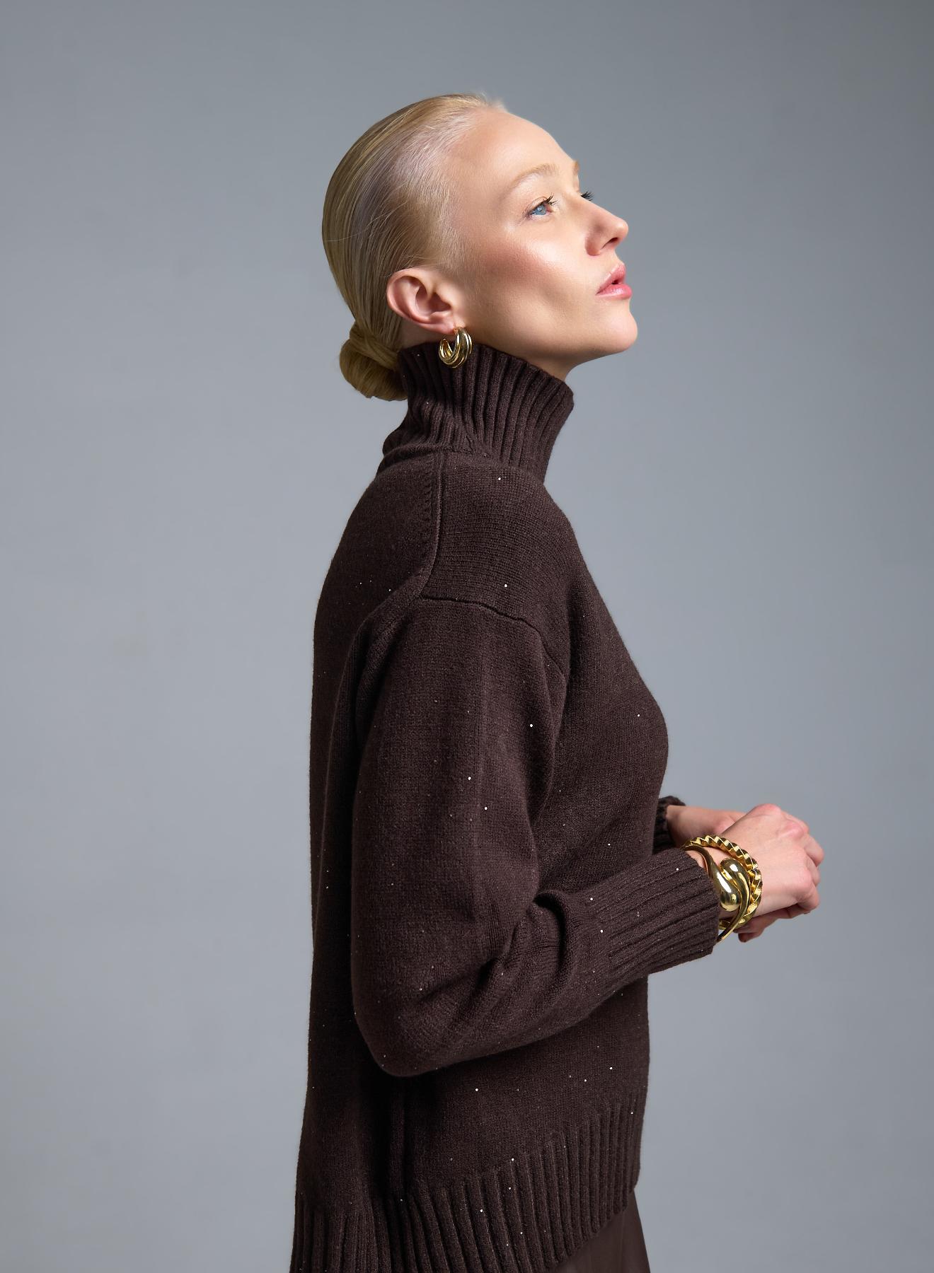 Σοκολά Πουλόβερ ζιβάγκο με μικρές παγιέτες Valentina Milano - 3