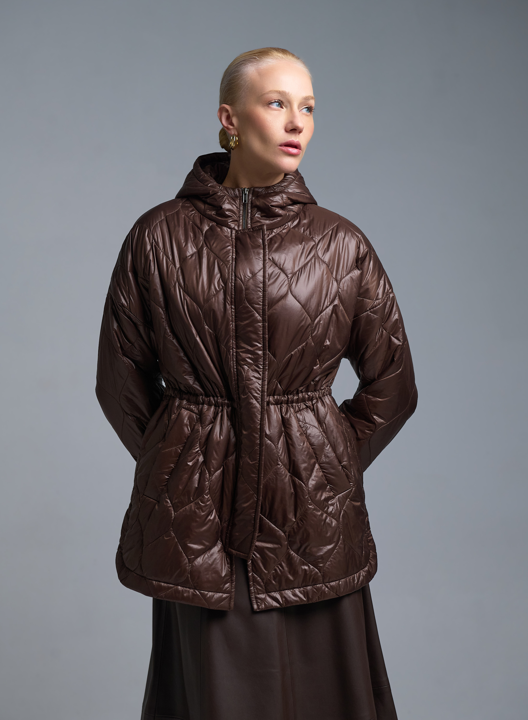 Σοκολά Μπουφάν με κουκούλα και με κορδόνι στη μέση Milla - 2