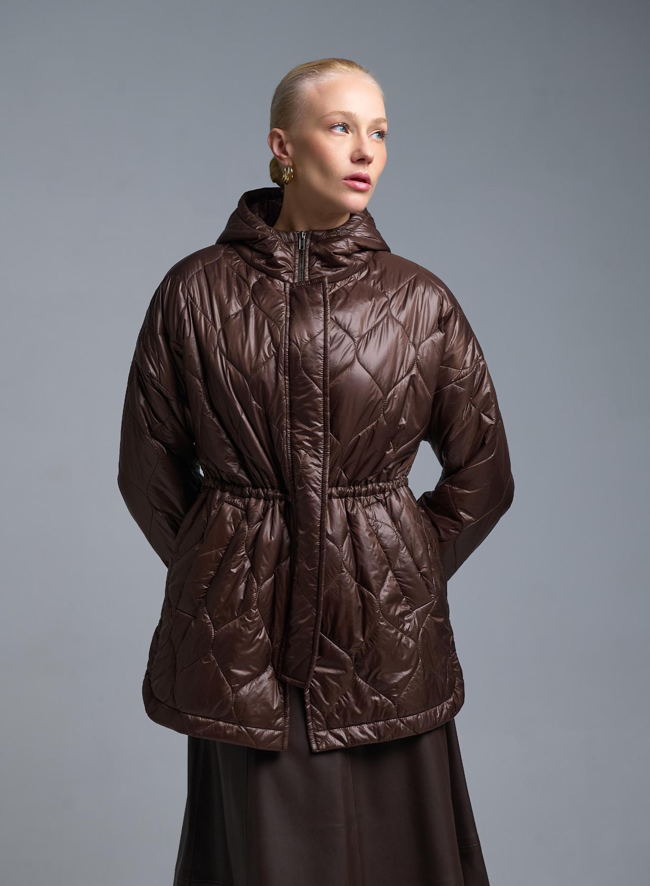 Σοκολά Μπουφάν με κουκούλα και με κορδόνι στη μέση Milla - 3