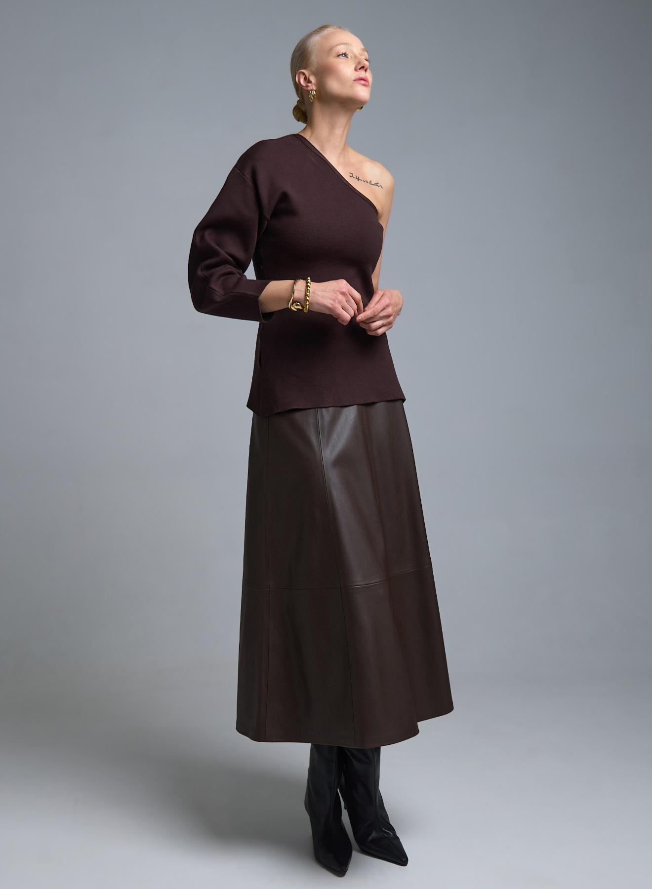 Σοκολά πλεκτή Μπλούζα με έναν ώμο Kontatto - 3