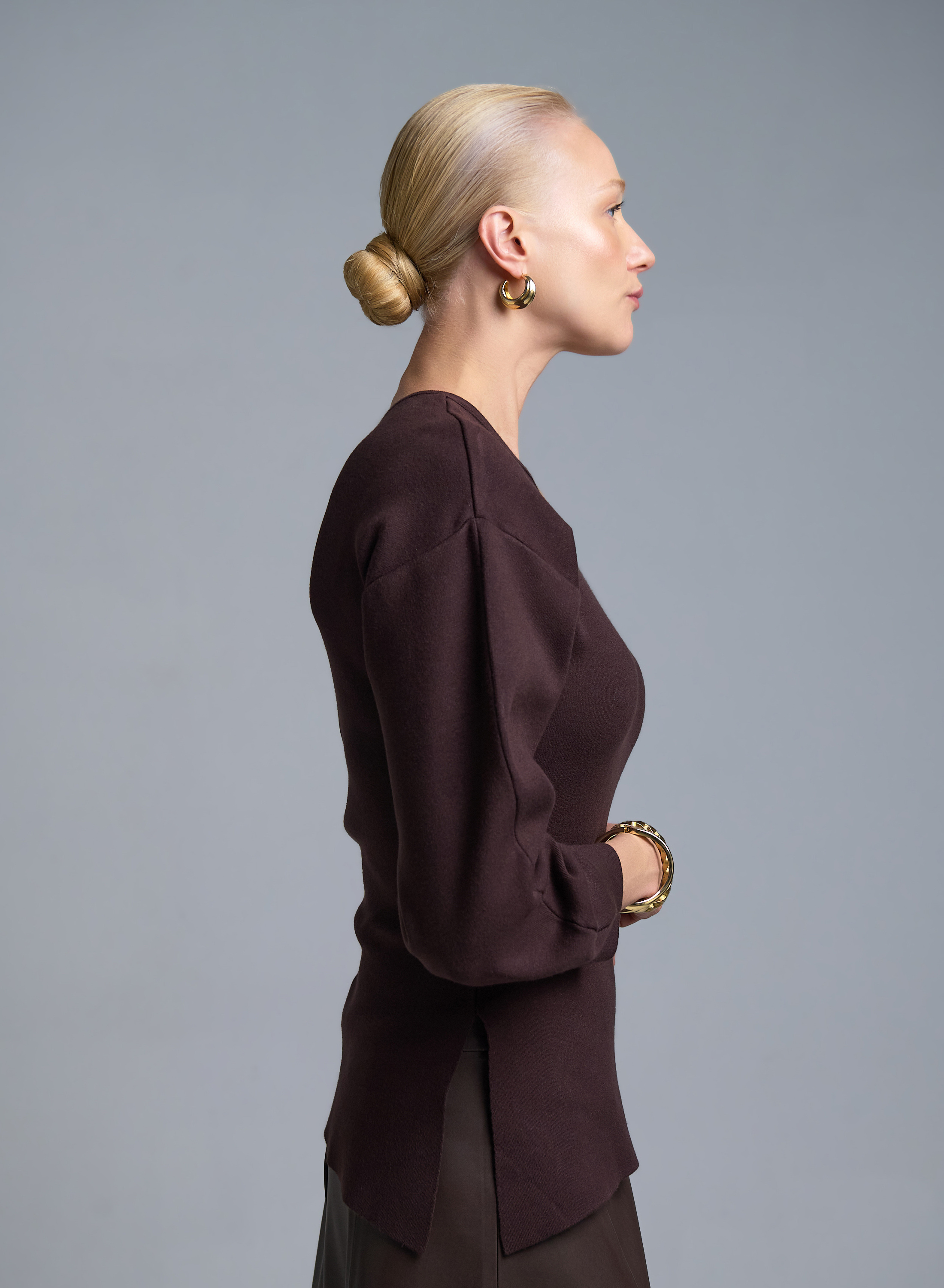 Σοκολά πλεκτή Μπλούζα με έναν ώμο Kontatto - 3