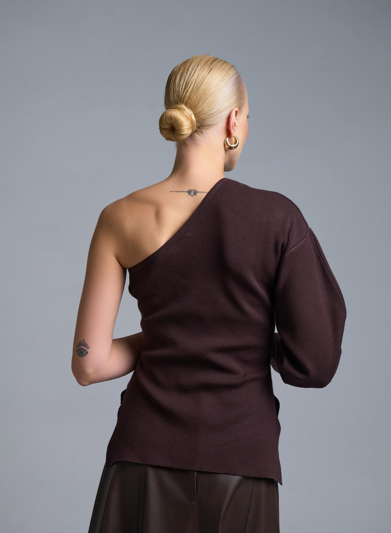 Σοκολά πλεκτή Μπλούζα με έναν ώμο Kontatto - 5