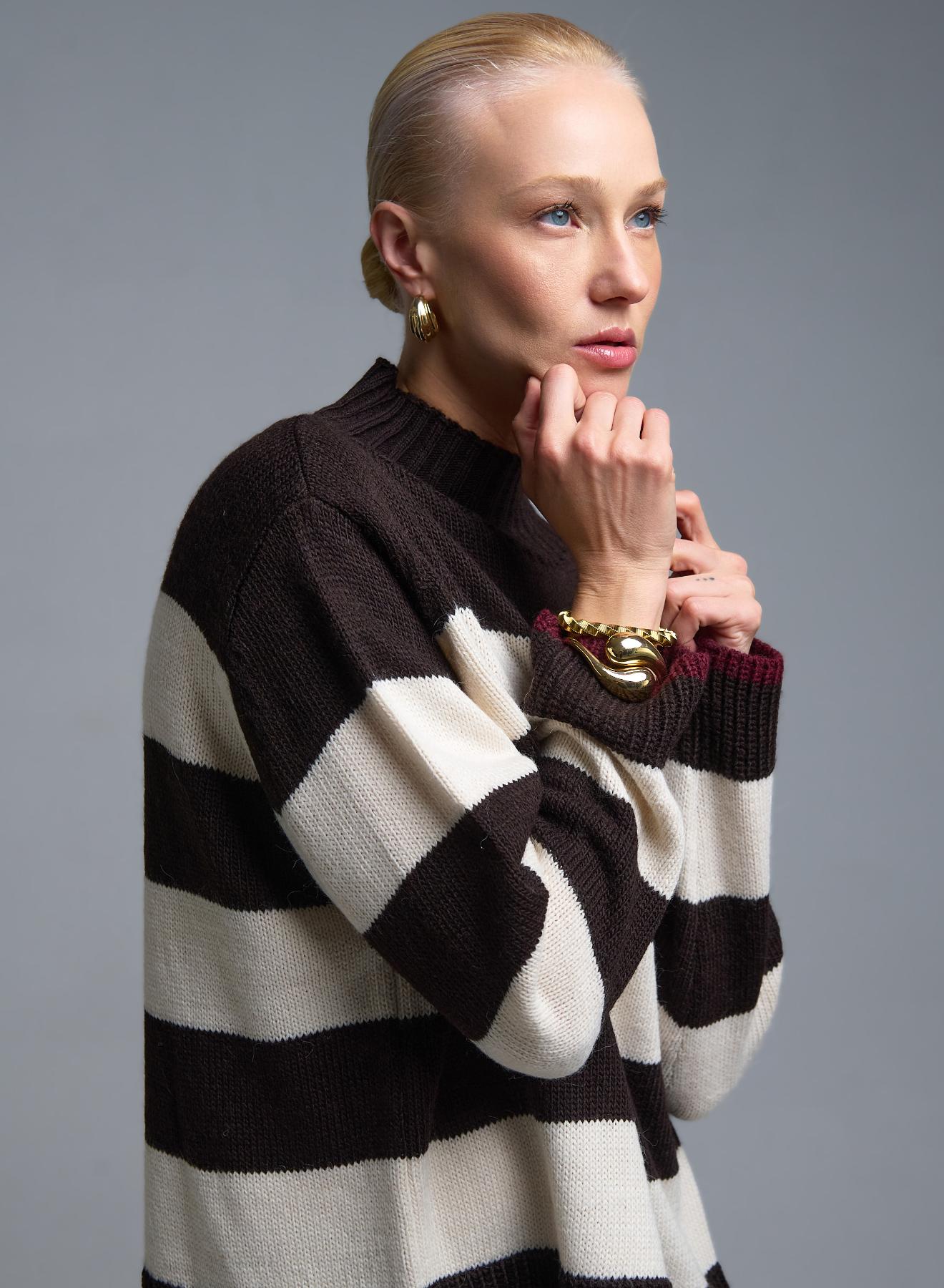 Σοκολά-Εκρού Πουλόβερ ημιζιβάγκο με φαρδιές ρίγες Motel - 4