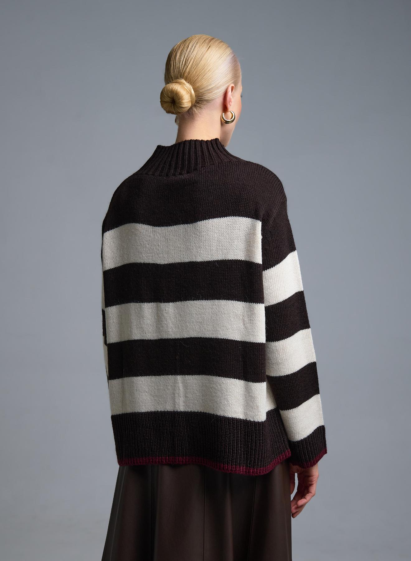 Σοκολά-Εκρού Πουλόβερ ημιζιβάγκο με φαρδιές ρίγες Motel - 5