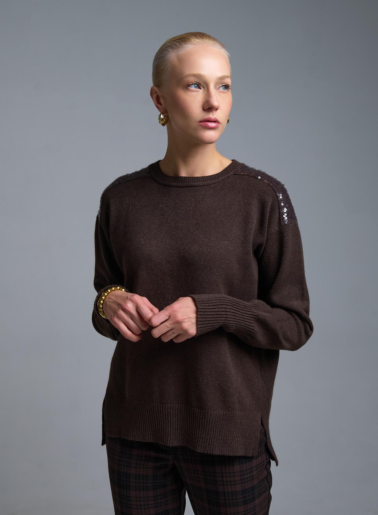 Σοκολά Πουλόβερ με παγιέτες στους ώμους Valentina Milano - 2