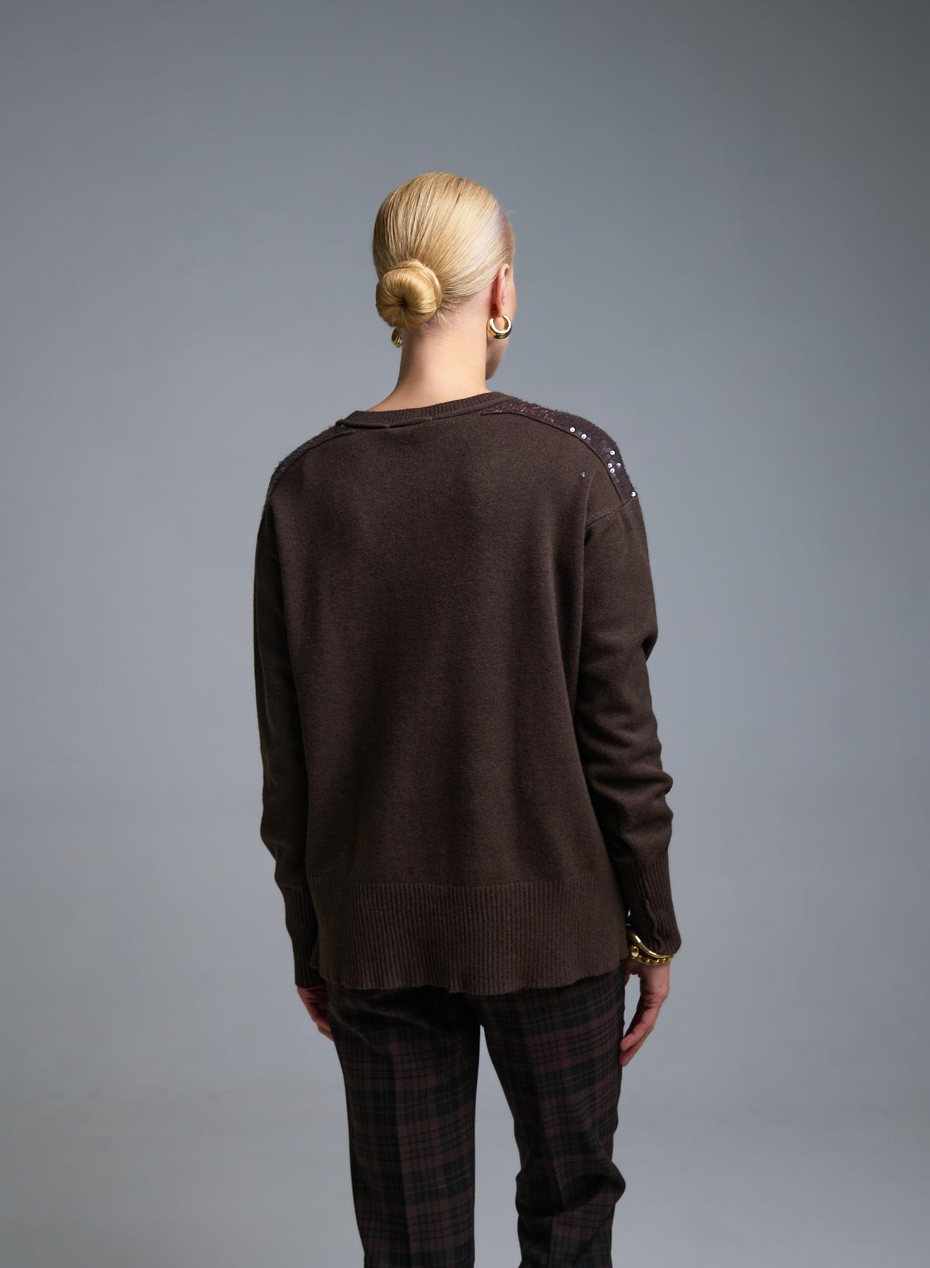 Σοκολά Πουλόβερ με παγιέτες στους ώμους Valentina Milano - 4