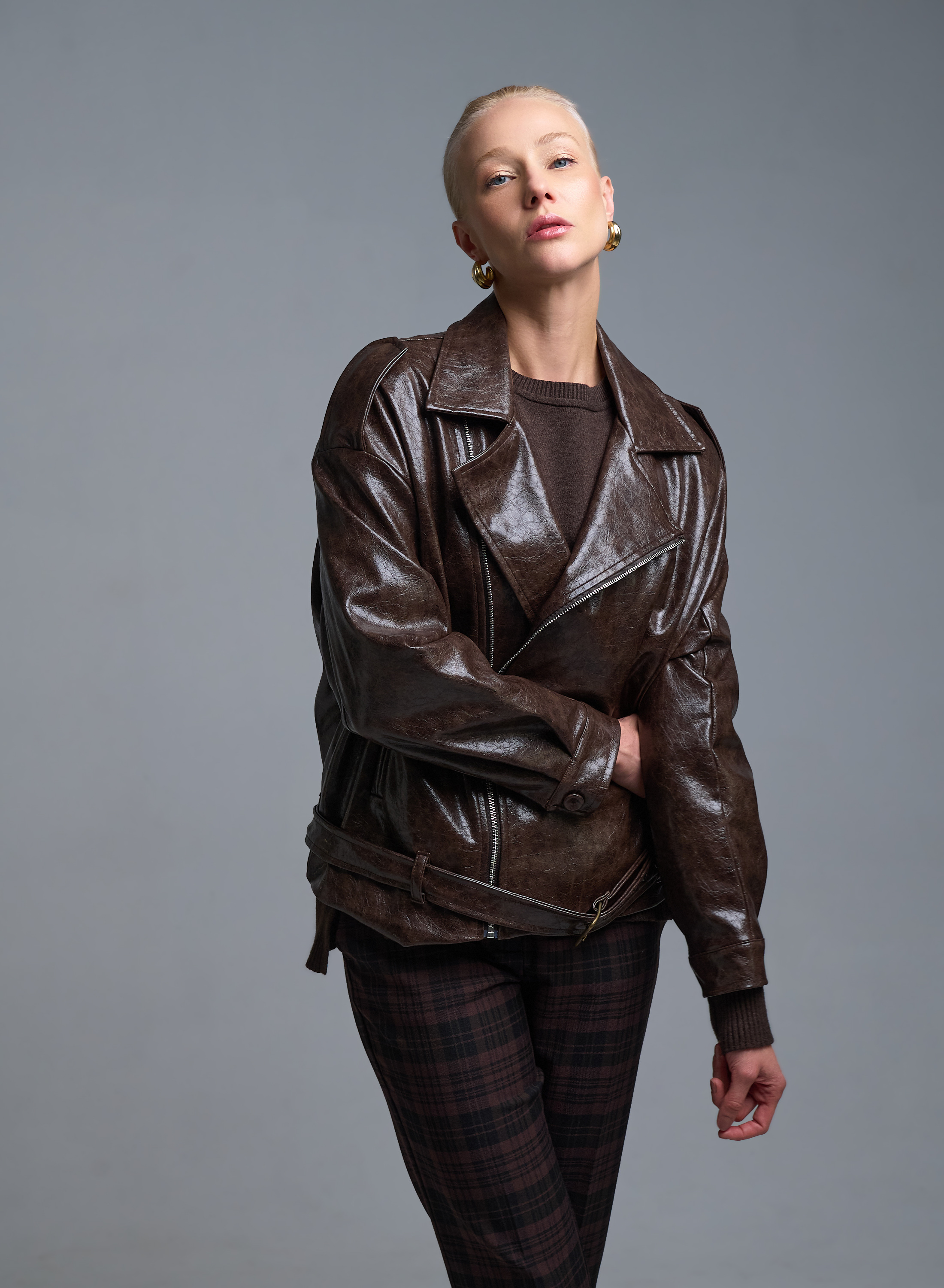 Σοκολά Μπουφάν από οικολογικό δέρμα με φερμουάρ Tensione In - 0