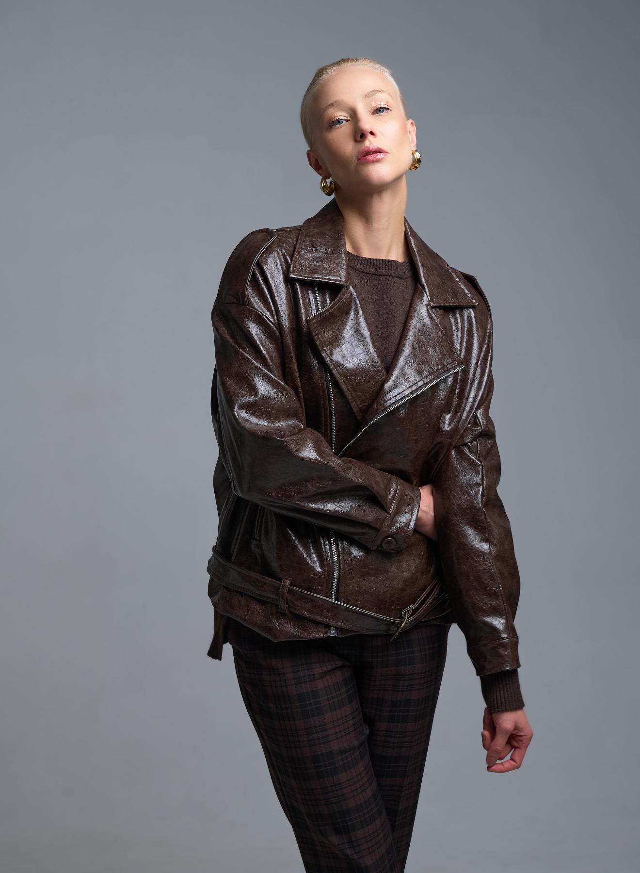 Σοκολά Μπουφάν από οικολογικό δέρμα με φερμουάρ Tensione In - 1