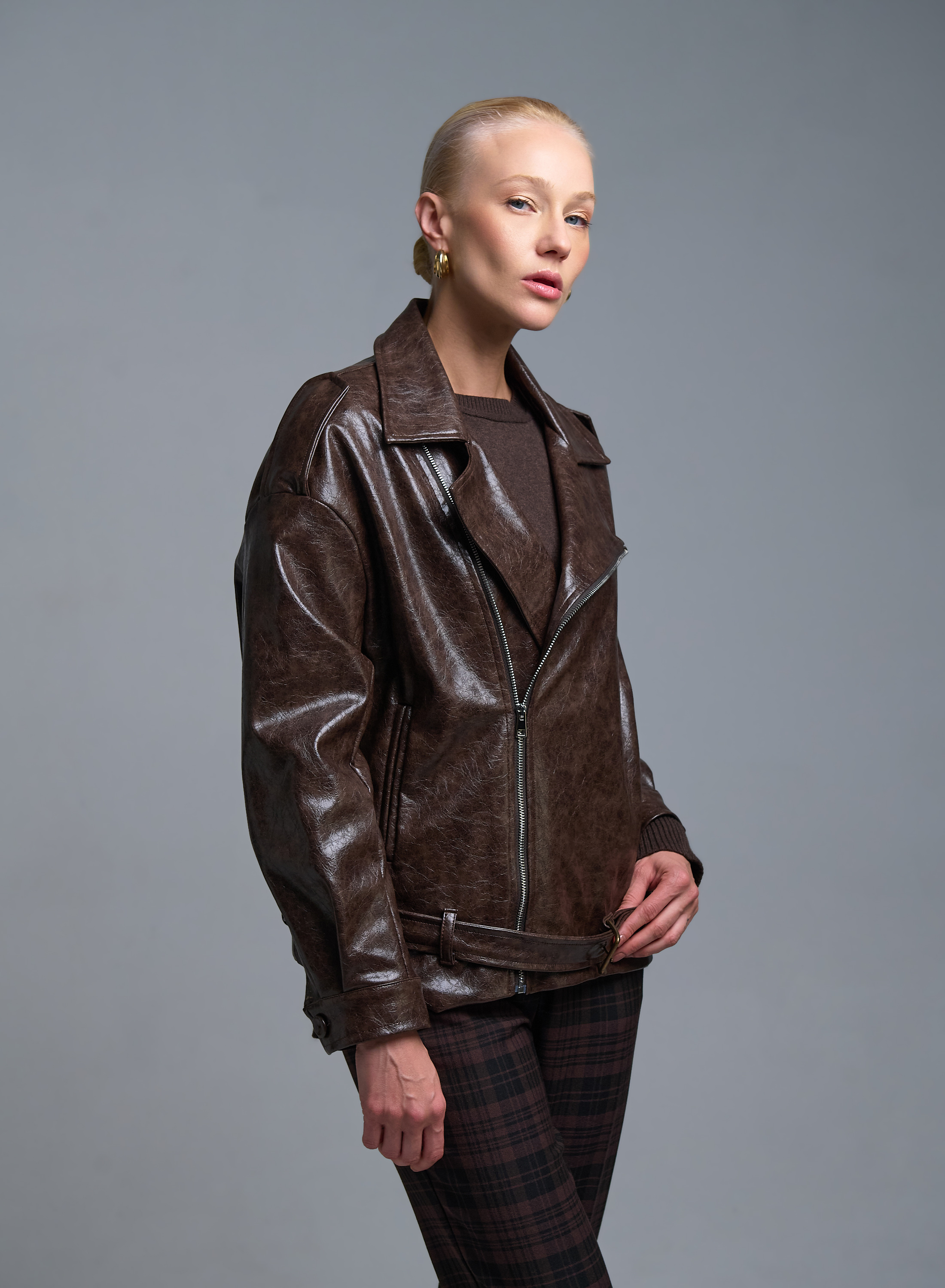 Σοκολά Μπουφάν από οικολογικό δέρμα με φερμουάρ Tensione In - 1