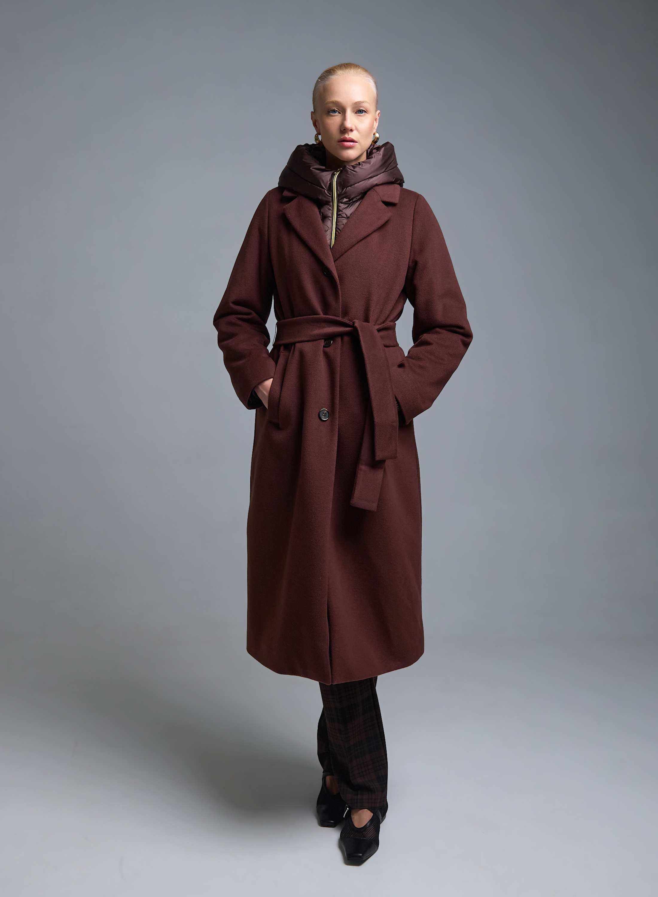 Chocolate belted Coat with interior with padding and detachable padded hood Emme Marella - 1
