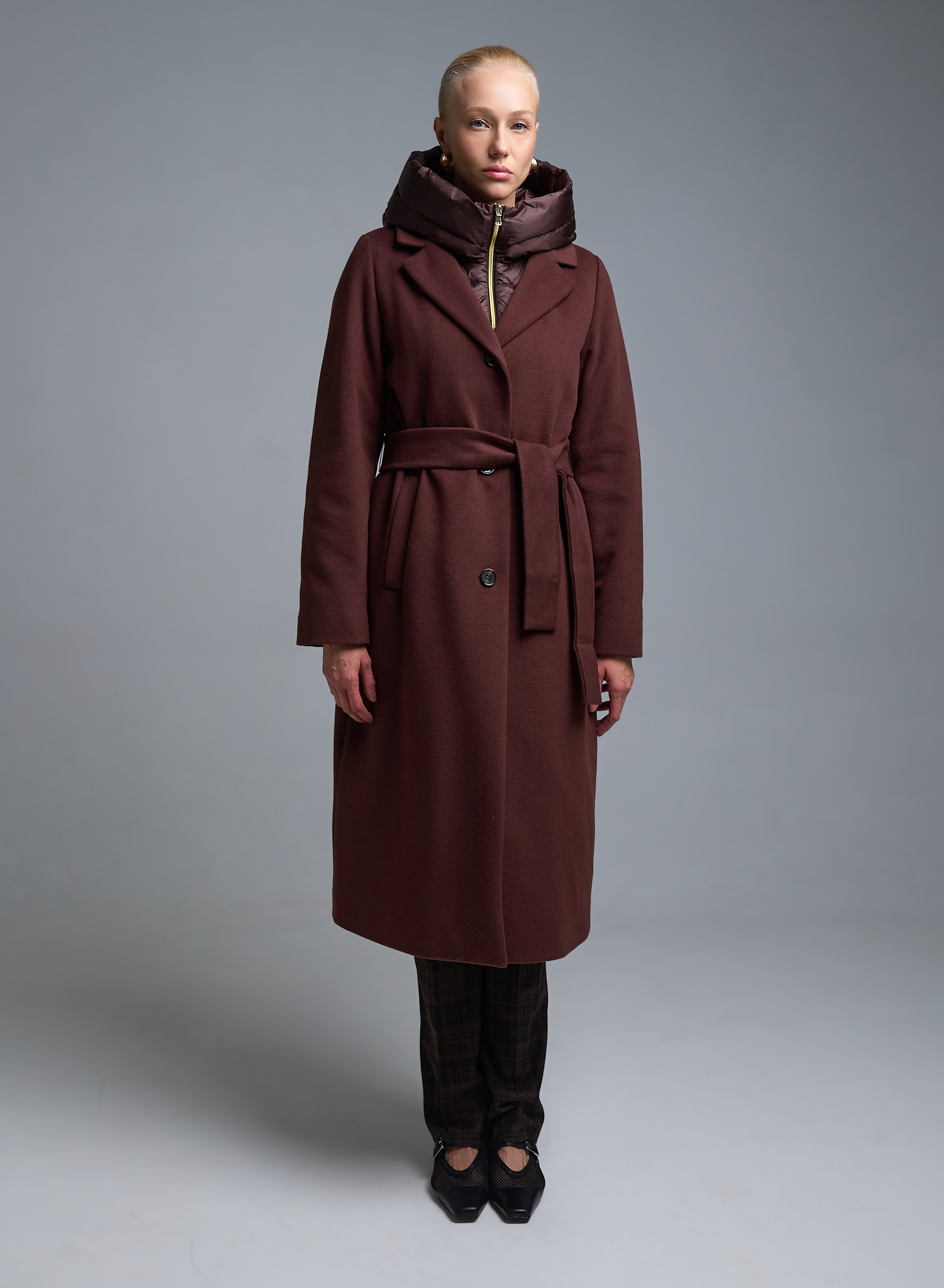 Chocolate belted Coat with interior with padding and detachable padded hood Emme Marella - 0