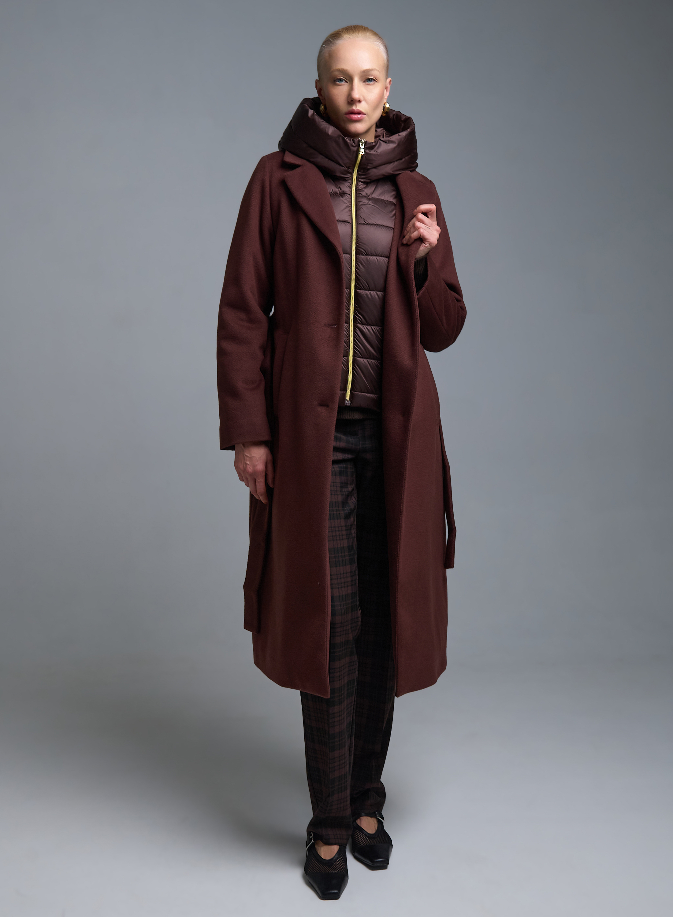 Chocolate belted Coat with interior with padding and detachable padded hood Emme Marella - 3