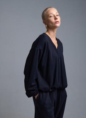 Μπλε Μπλούζα φούτερ balloon ασύμμετρη με V λαιμόκοψη Milla - 53152