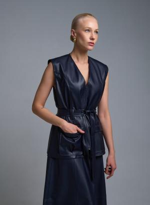 Μπλε Γιλέκο με ζώνη και εξωτερικές τσέπες μπροστά από οικολογικό δέρμα Milla - 53167