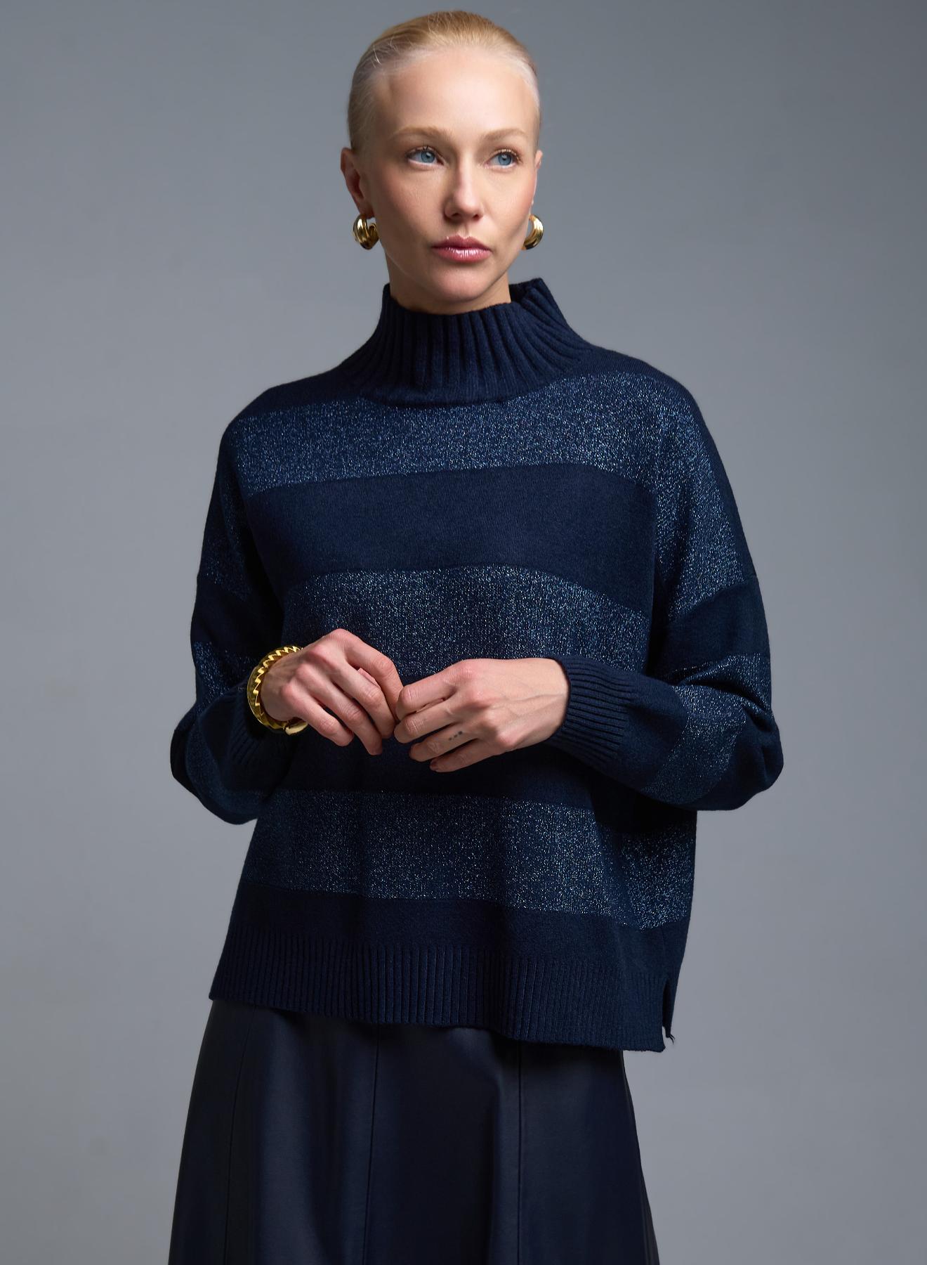 Μπλε Πουλόβερ ημιζιβάγκο με φαρδιές λούρεξ ρίγες Valentina Milano - 1