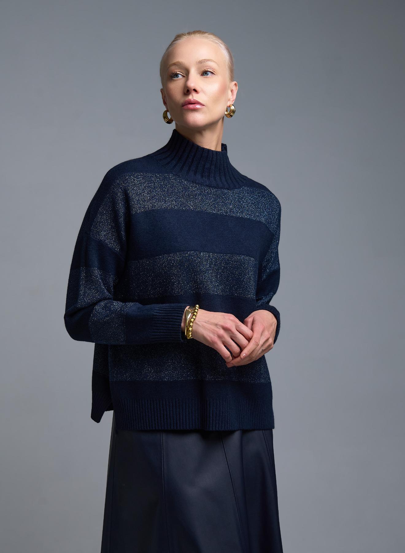 Μπλε Πουλόβερ ημιζιβάγκο με φαρδιές λούρεξ ρίγες Valentina Milano - 2