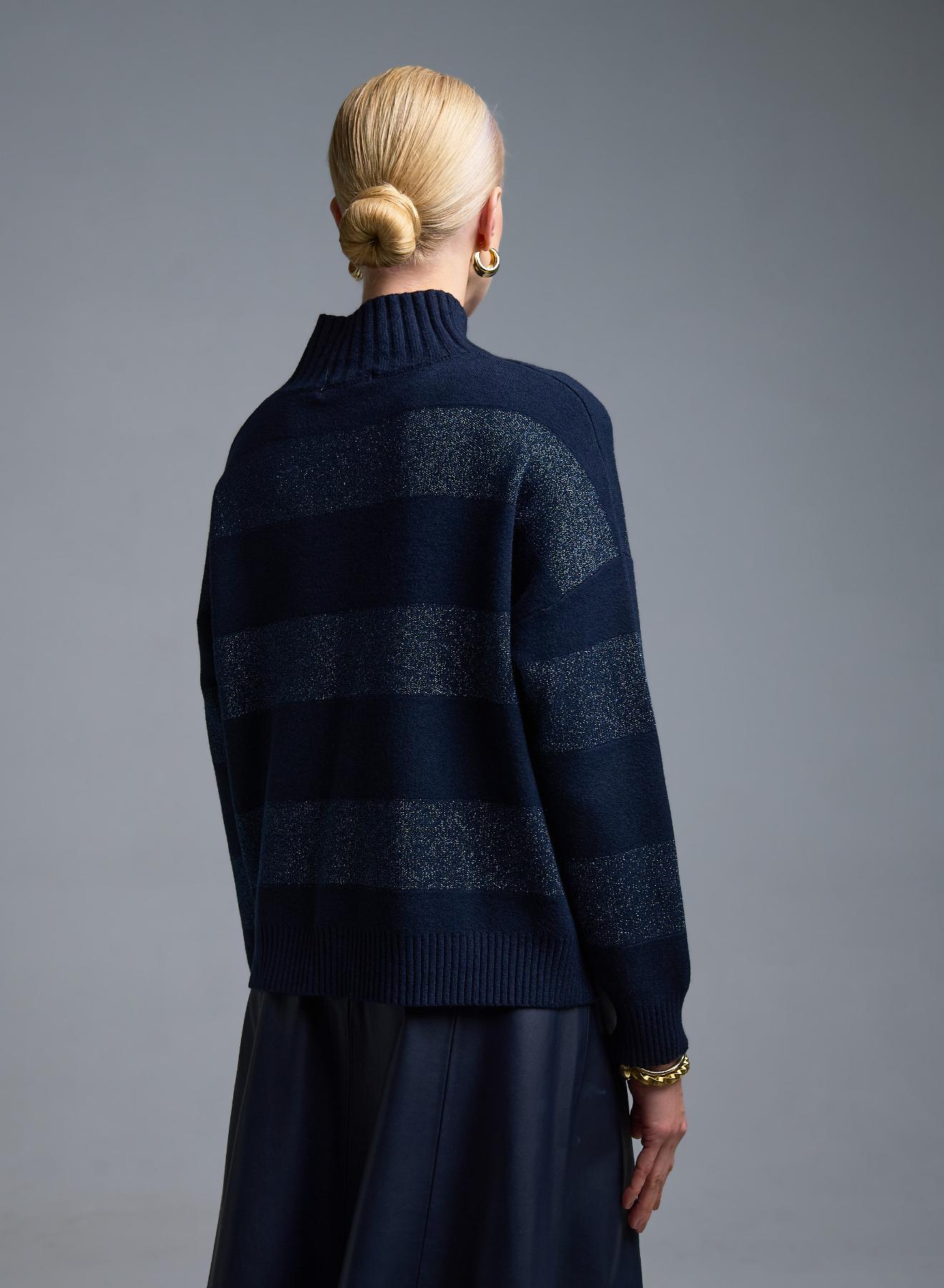 Μπλε Πουλόβερ ημιζιβάγκο με φαρδιές λούρεξ ρίγες Valentina Milano - 4