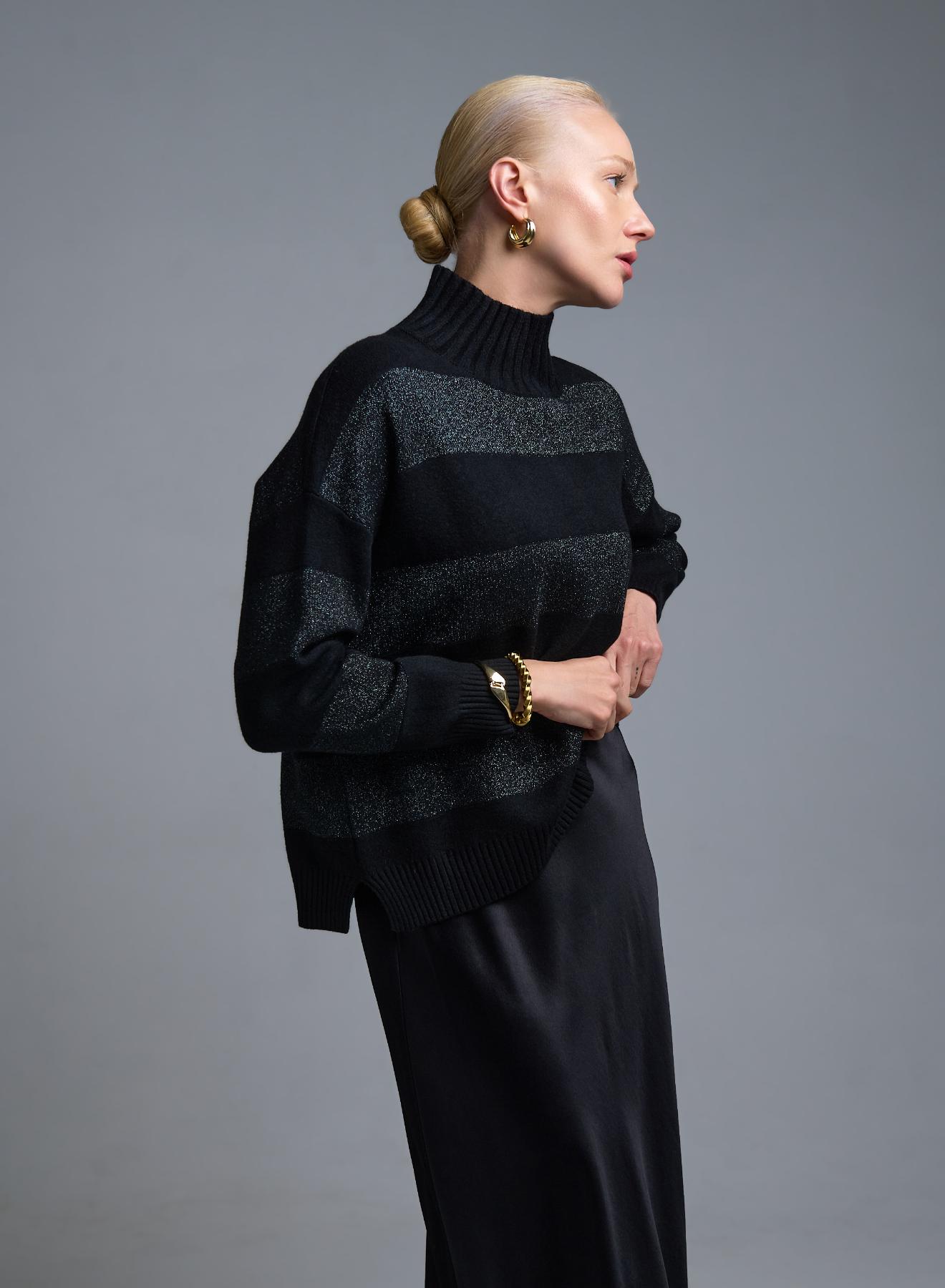 Μαύρο Πουλόβερ ημιζιβάγκο με φαρδιές λούρεξ ρίγες Valentina Milano - 1