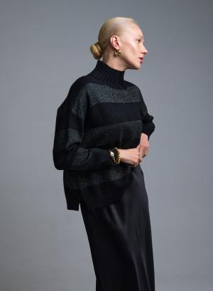 Μαύρο Πουλόβερ ημιζιβάγκο με φαρδιές λούρεξ ρίγες Valentina Milano - 53288