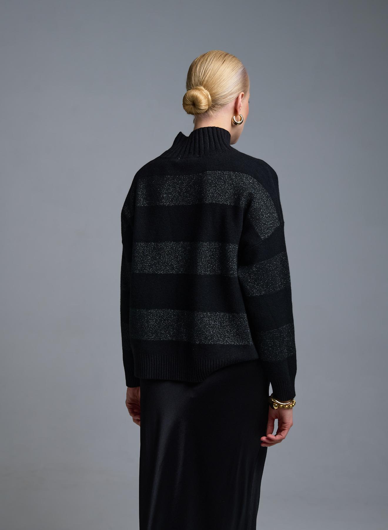 Μαύρο Πουλόβερ ημιζιβάγκο με φαρδιές λούρεξ ρίγες Valentina Milano - 4