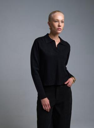 Μαύρο Πουλόβερ με V λαιμόκοψη και με γιακά Valentina Milano - 53310