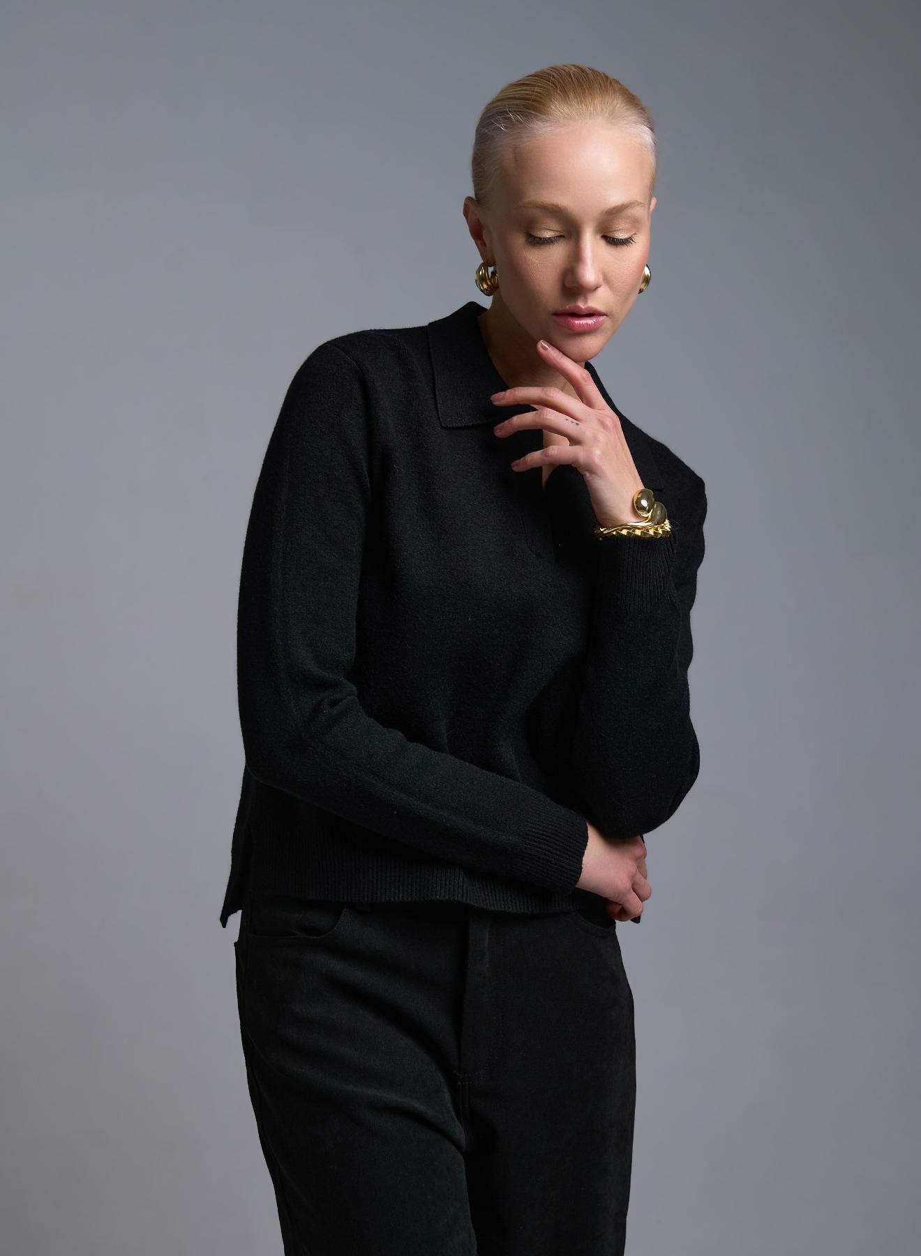 Μαύρο Πουλόβερ με V λαιμόκοψη και με γιακά Valentina Milano - 3