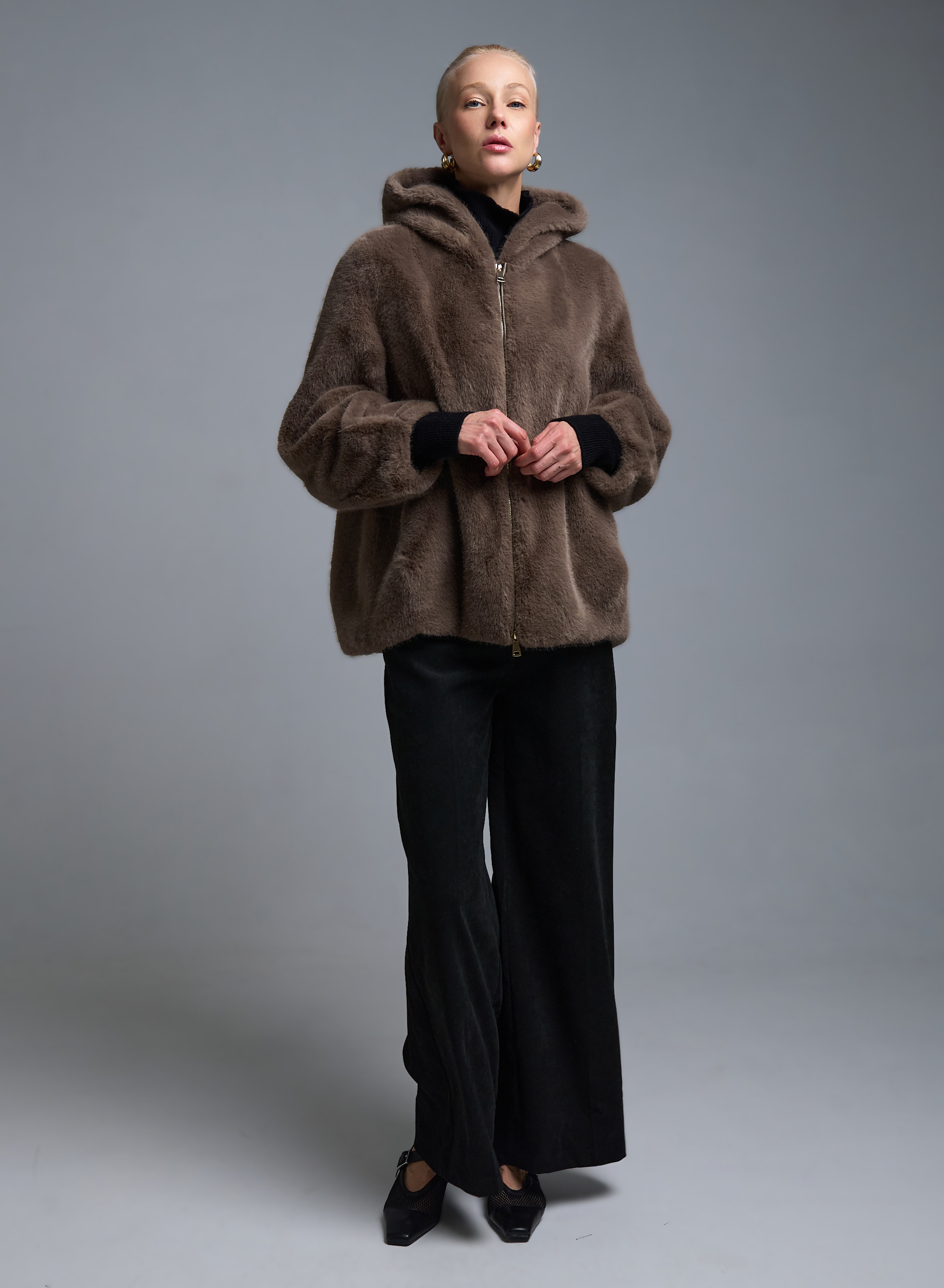 Taupe Μπουφάν με κουκούλα από οικολογική γούνα Motel - 1