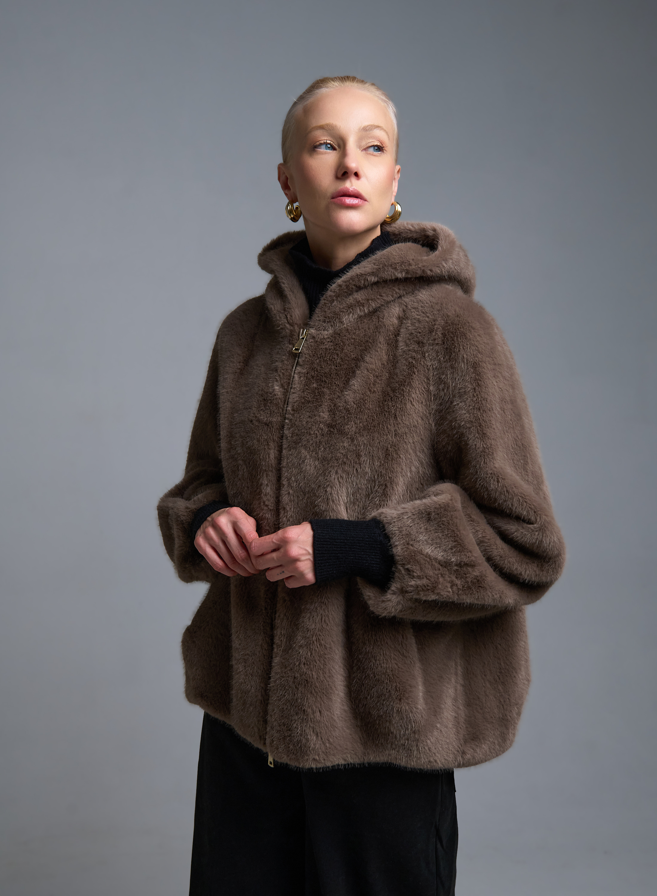 Taupe Μπουφάν με κουκούλα από οικολογική γούνα Motel - 0