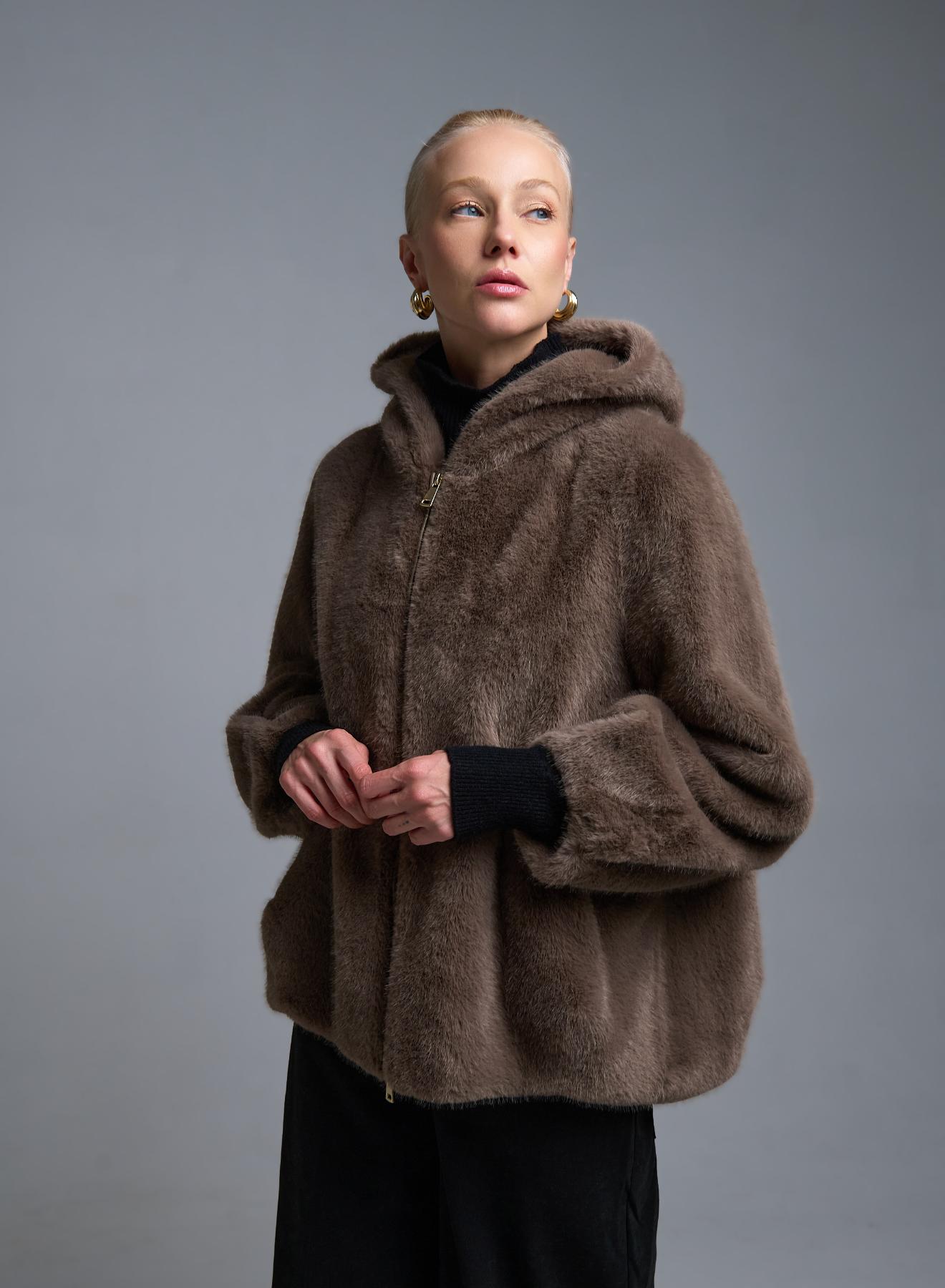 Taupe Μπουφάν με κουκούλα από οικολογική γούνα Motel - 1