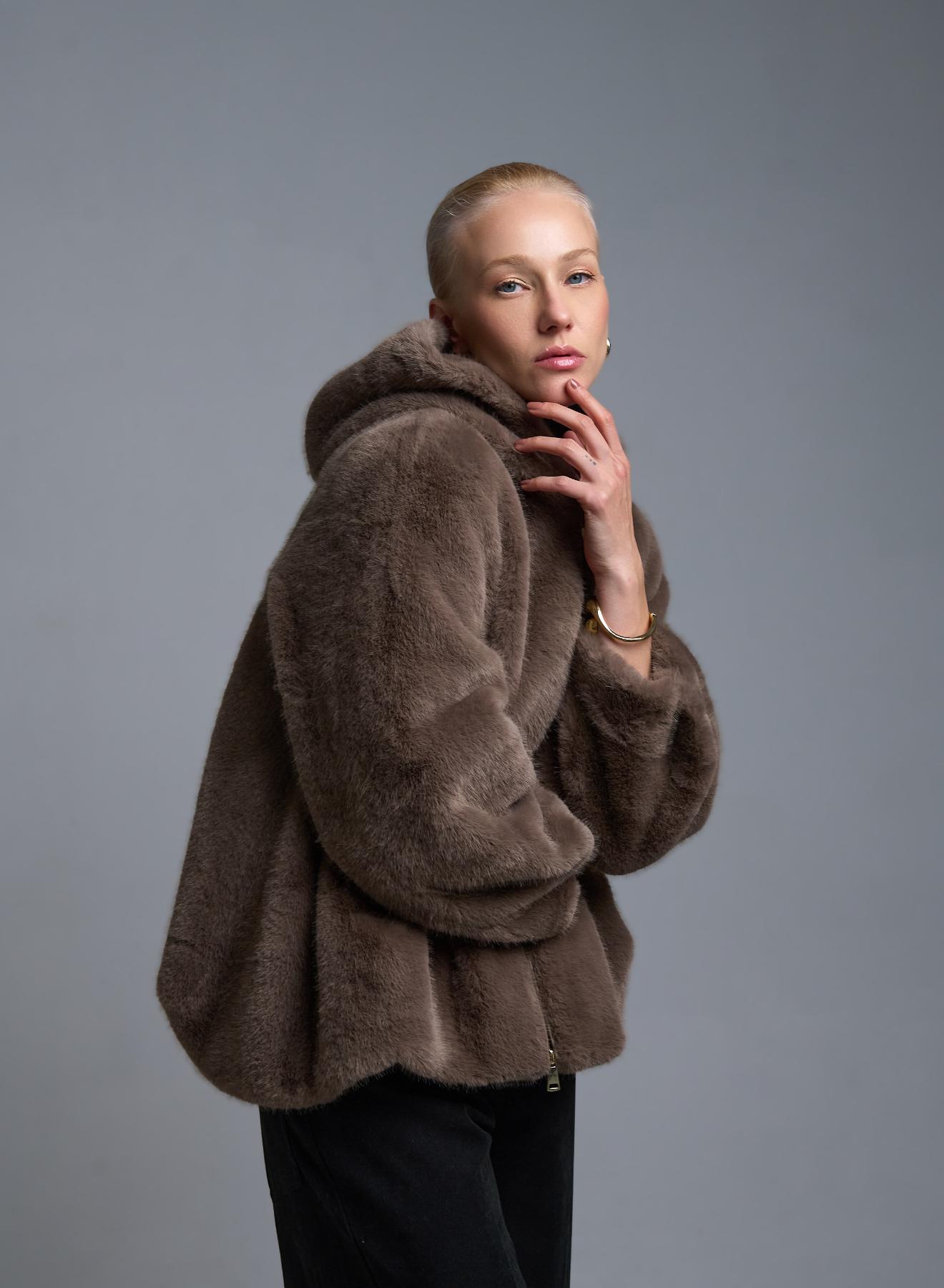 Taupe Μπουφάν με κουκούλα από οικολογική γούνα Motel - 3