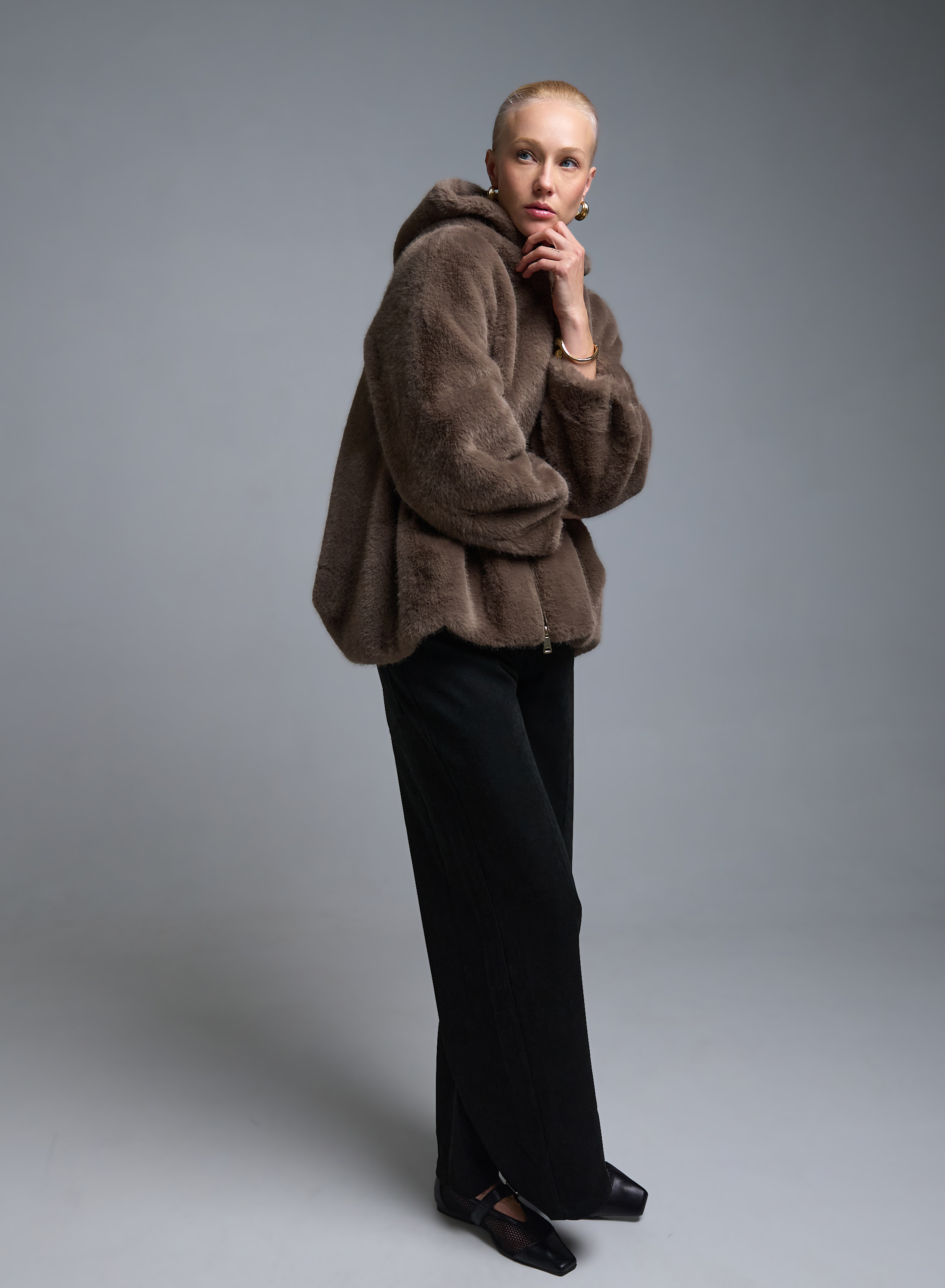 Taupe Μπουφάν με κουκούλα από οικολογική γούνα Motel - 3