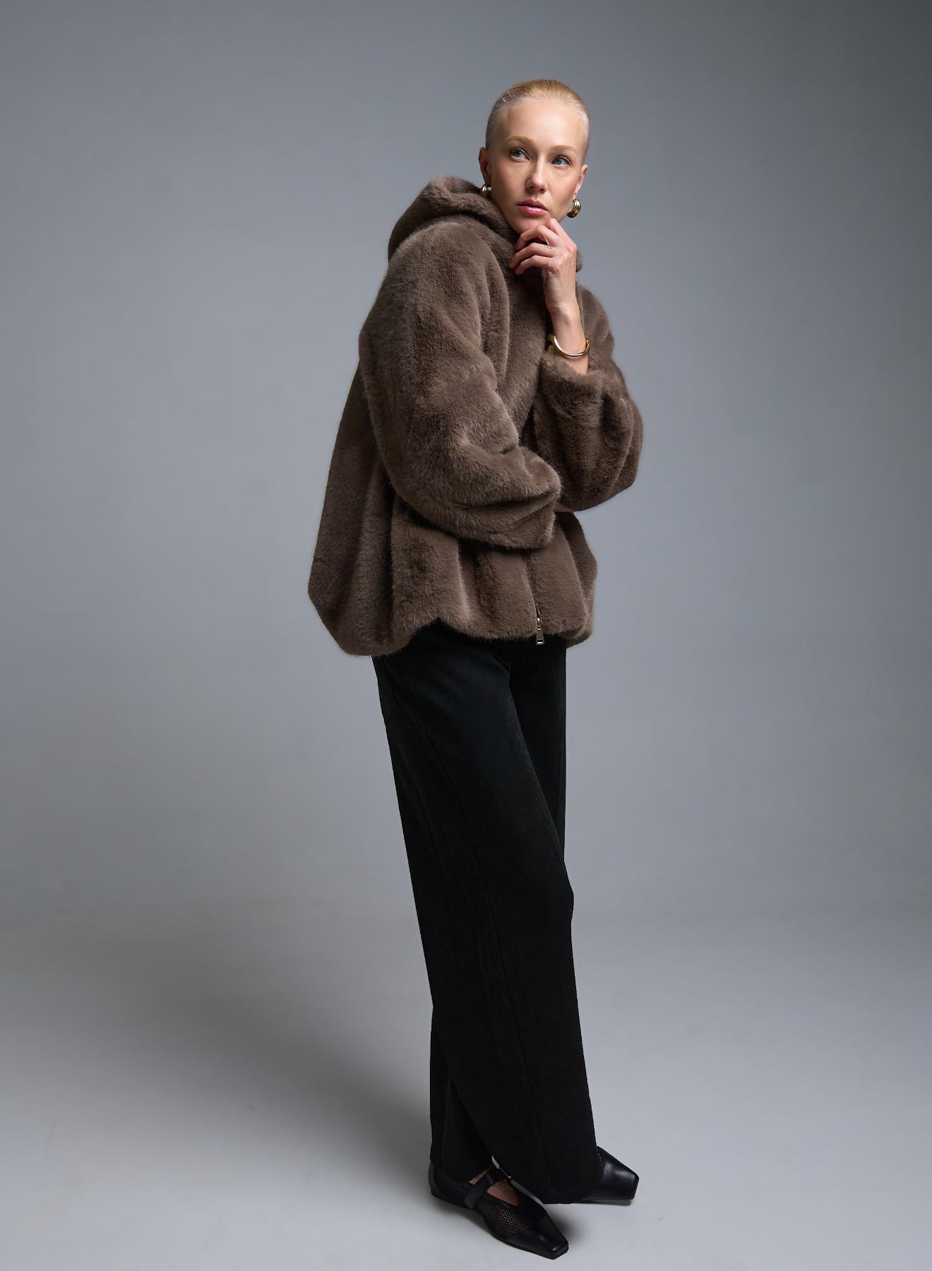 Taupe Μπουφάν με κουκούλα από οικολογική γούνα Motel - 4