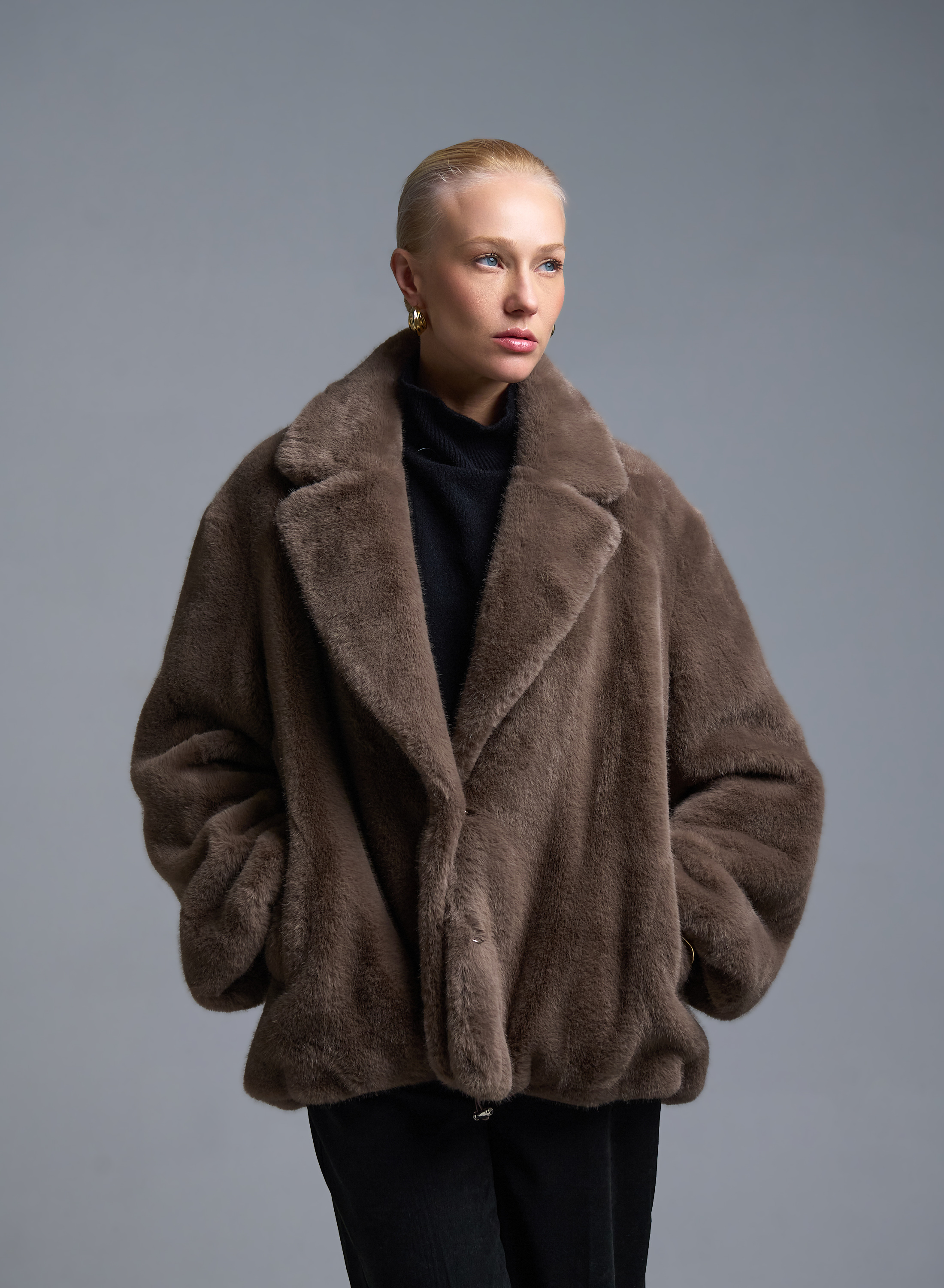 Taupe Μπουφάν με πέτο από οικολογική γούνα Motel - 0