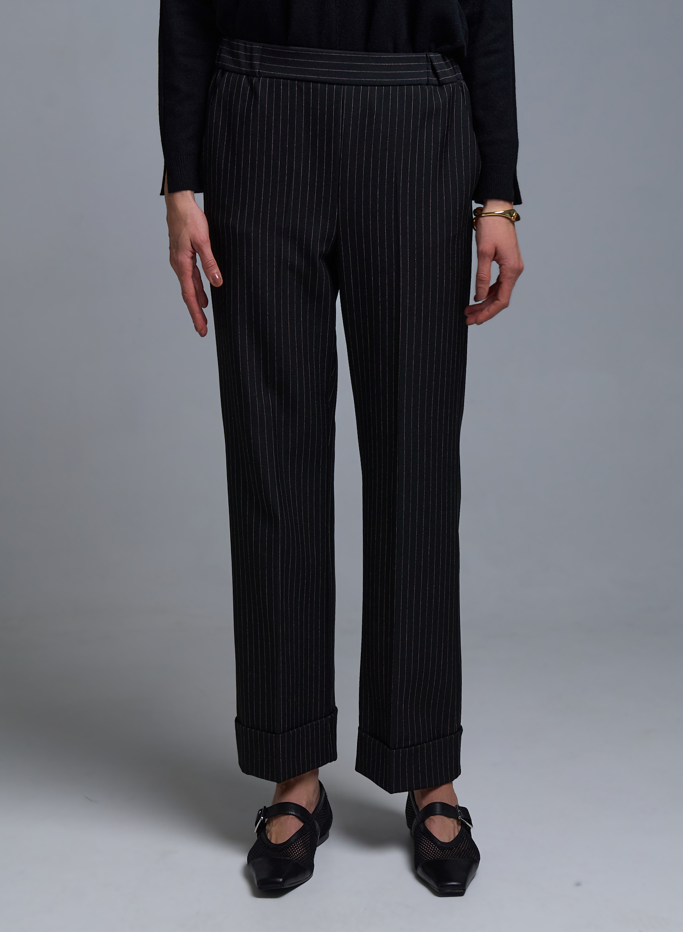 Black striped straight fit Trousers with turn ups and with elasticated rear waist Emme Marella - 1